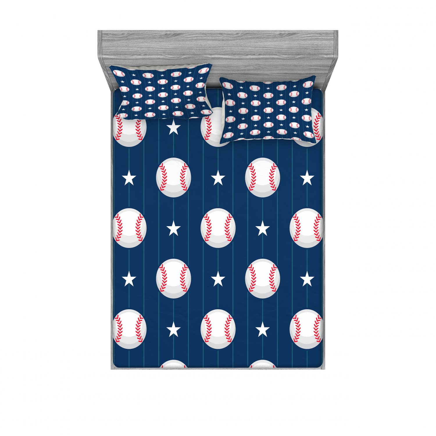 Ambesonne Baseball Stripes 4-Piece Bedding Set - 2 Full Size Fitted Sheets & 4 Pillow Shams - Night Blue Red White Sports Theme - Perfect for Baseball Fans Bedroom Decor, Dorm Room Essentials & Sports Themed Guest Rooms
