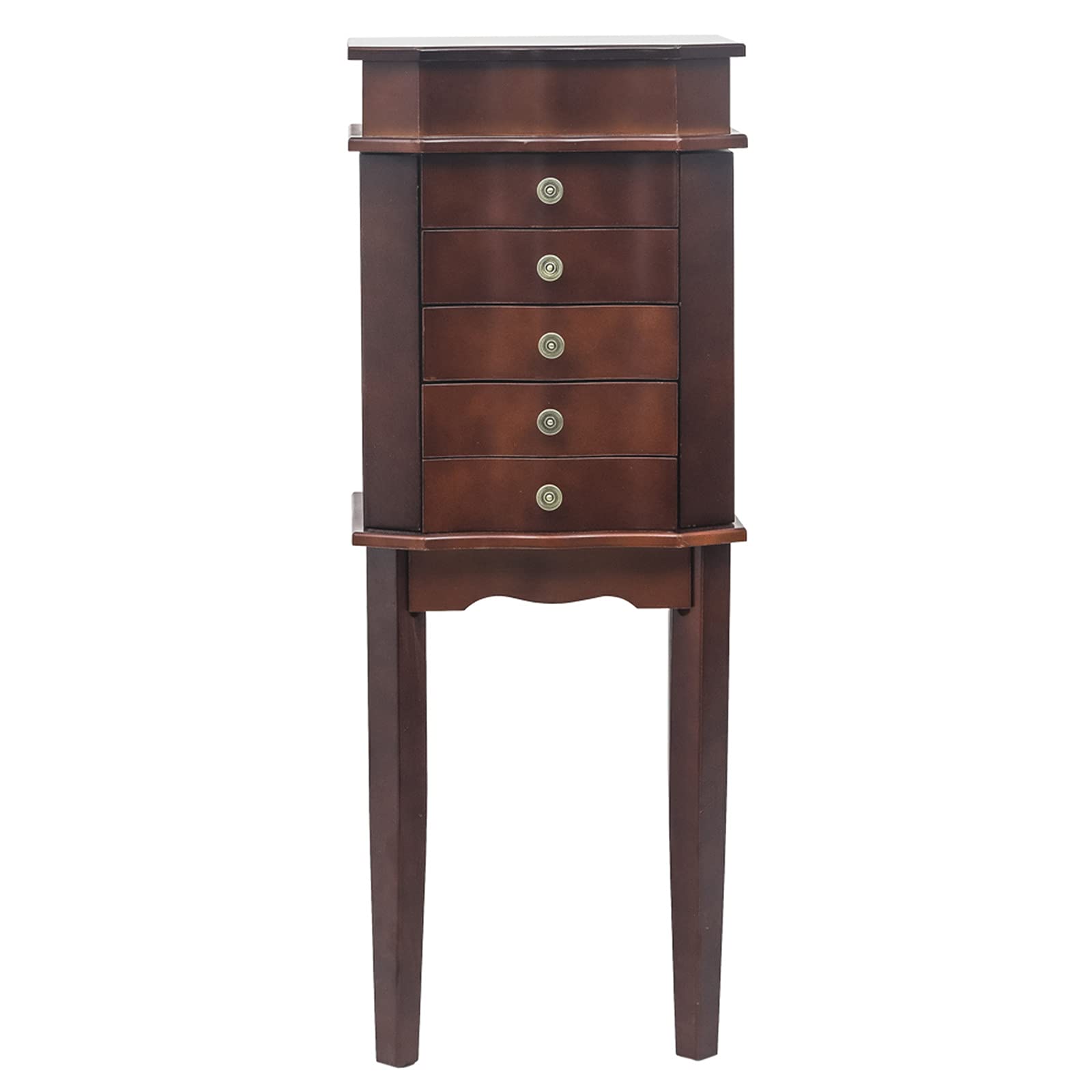 GT4-LY Standing Jewelry Armoire with Full-Length Mirror - 5 Drawers, 6 Necklace Hooks & Top Storage Organizer - Jewelry Cabinet Chest with 2 Side Swing Doors (Brown) - Perfect for Bedroom, Closet & Dressing Room Organization