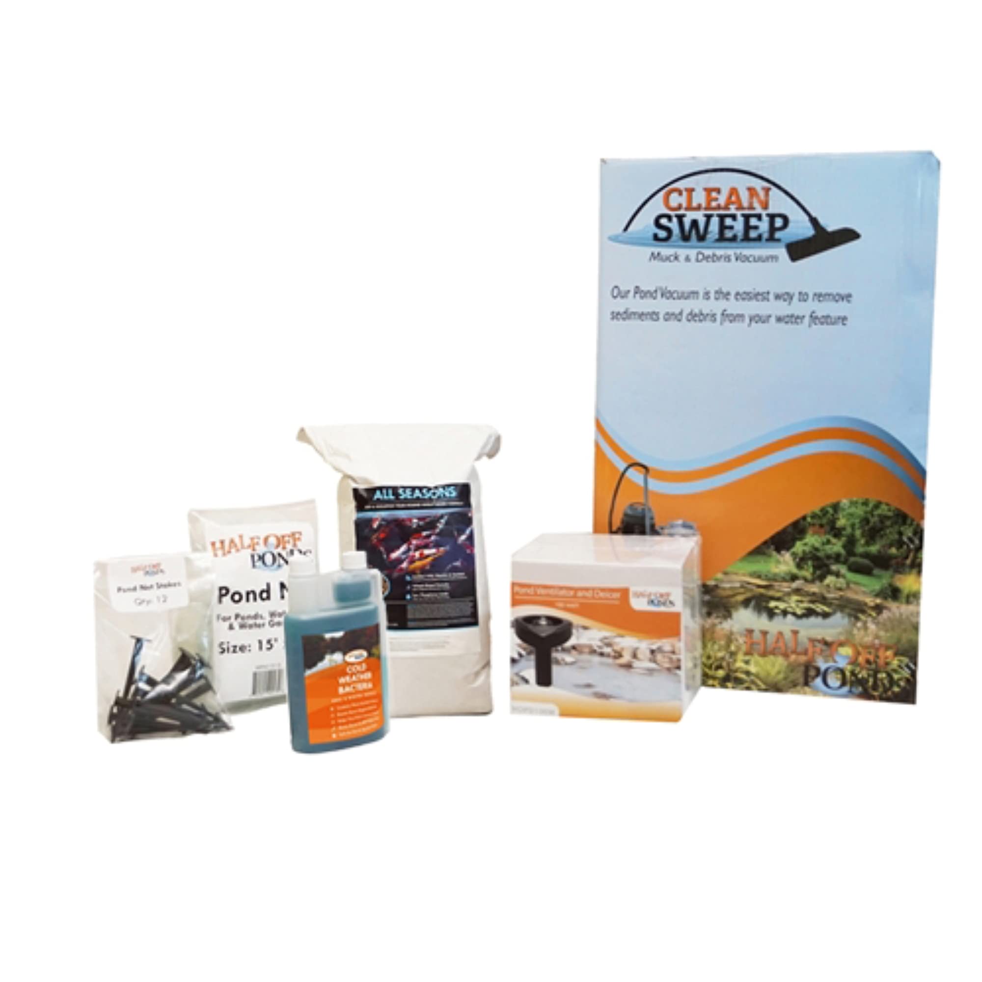 Pond Winterization Kit - Medium Fall & Winter Bundle with Vacuum, Net, Deicer, Cold Weather Fish Food & Bacteria | Ideal for Backyard Ponds, Water Gardens & Koi Ponds During Cold Seasons