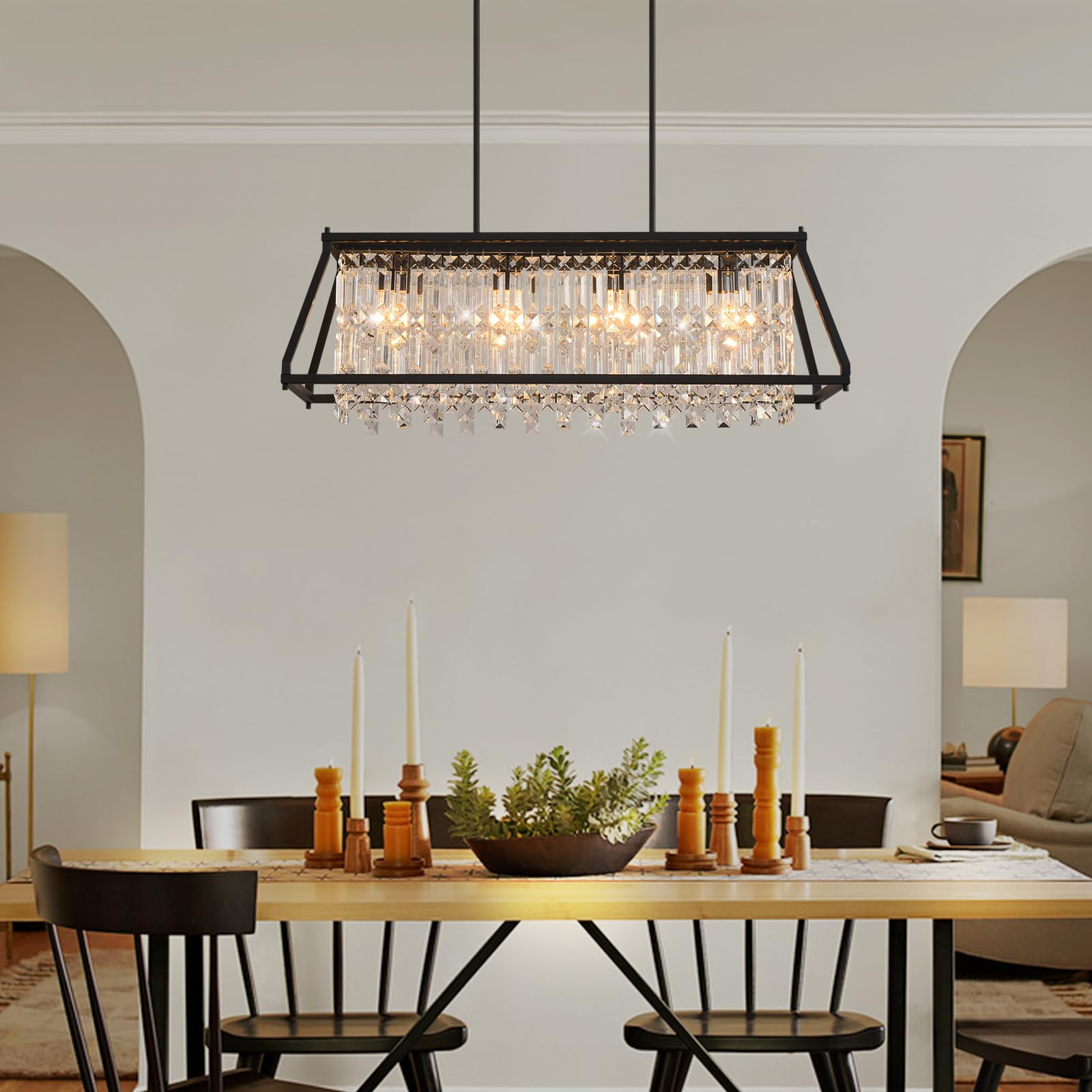 LMQNINE 4-Light Industrial Farmhouse Chandelier - 35.43 Inch Black Trapezoidal Crystal Pendant Light Fixture for Dining Room, Kitchen Island & Living Room | Rustic Elegance for Home Decor & Dinner Parties