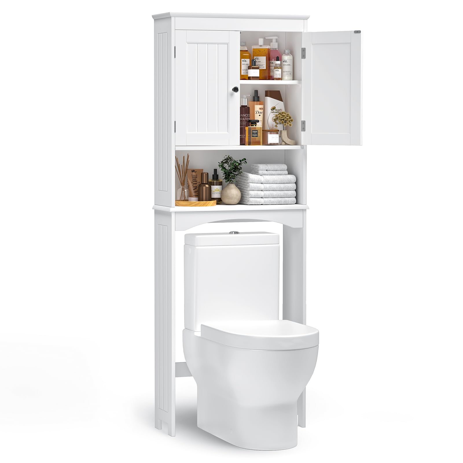 Bealife Over The Toilet Storage Cabinet with Adjustable Open Shelf & Double Doors - White | Bathroom Organizer for Towels, Toiletries & Cleaning Supplies | Space-Saving Freestanding Design for Small Bathrooms