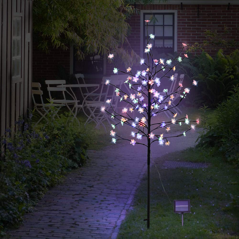 5FT 104LED Solar Powered Cherry Blossom Lights Outdoor - Adjustable Branch Solar Garden Tree Lights for Pathway, Yard, Lawn, Backyard, Holiday & Christmas Decoration - Perfect for Garden Parties, Wedding Decor and Nighttime Landscape Lighting