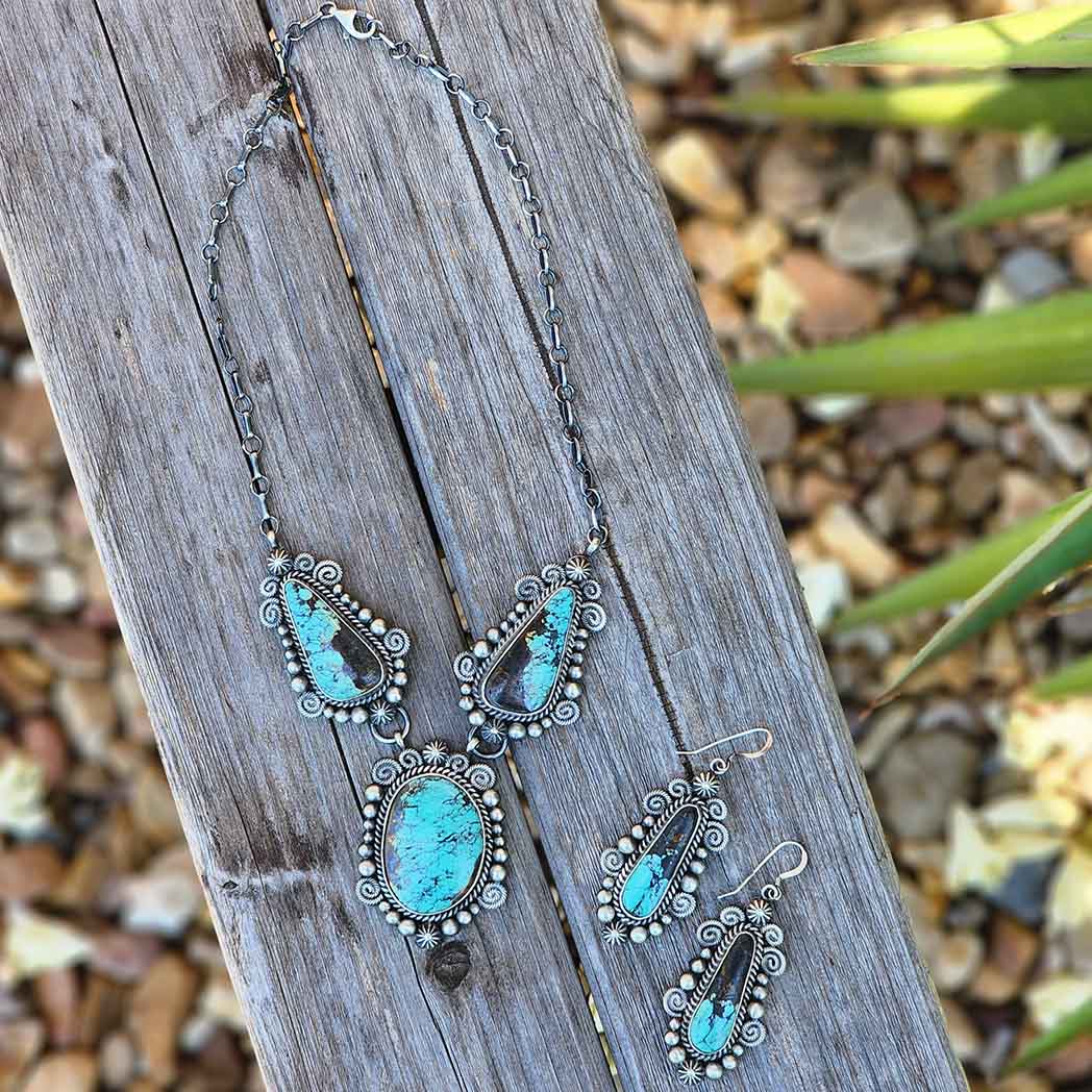 Jacki Black Jack Turquoise Jewelry Set - Handmade Sterling Silver & Turquoise Necklace, Earrings & Bracelet for Women - Perfect for Boho, Western & Native American Style Outfits