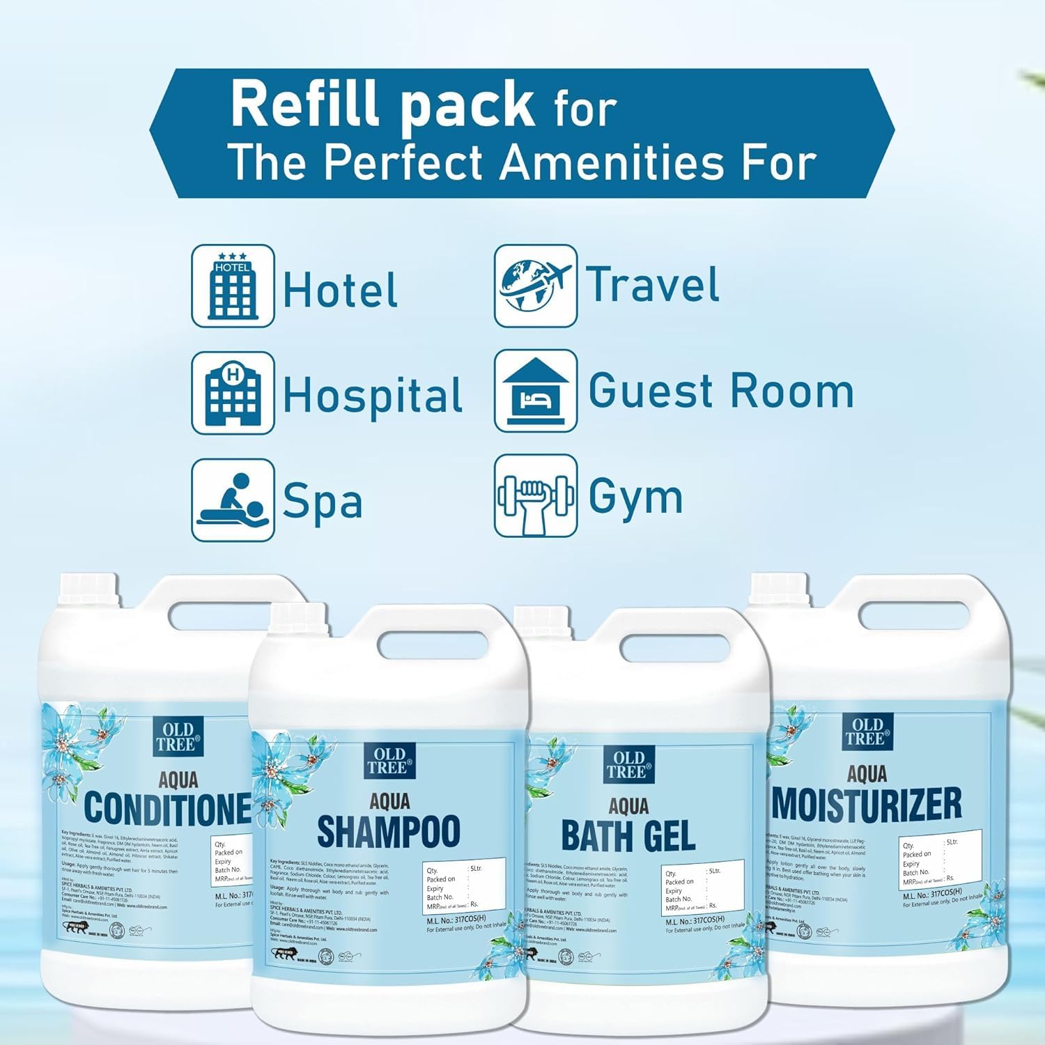 O'ld Tree Aqua Body Wash Gel - 169.07 Fl Oz (1.33 Gallons) Refillable Moisturizing Shower Gel for Dry Skin - Hotel Amenities, Guest House, Hospital & Wedding Venue Supplies - Perfect for Spa, Gym & Luxury Bathroom Use