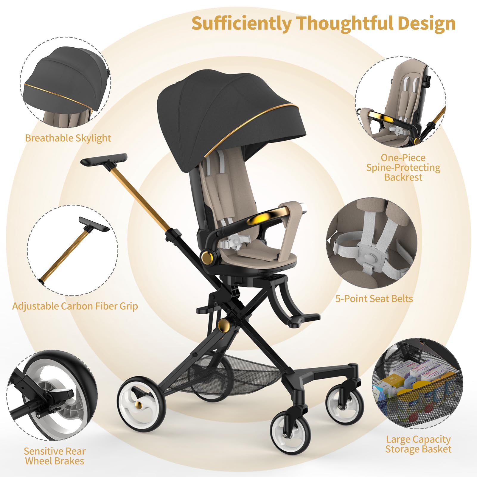 **Ultra Lightweight Baby Stroller with Snack Tray & Music Player - 360° Rotating Seat, Large Storage Basket & 5-Point Safety Harness - Perfect for Toddlers (2-4 Years) - Ideal for Shopping, Travel & Outdoor Walks**
