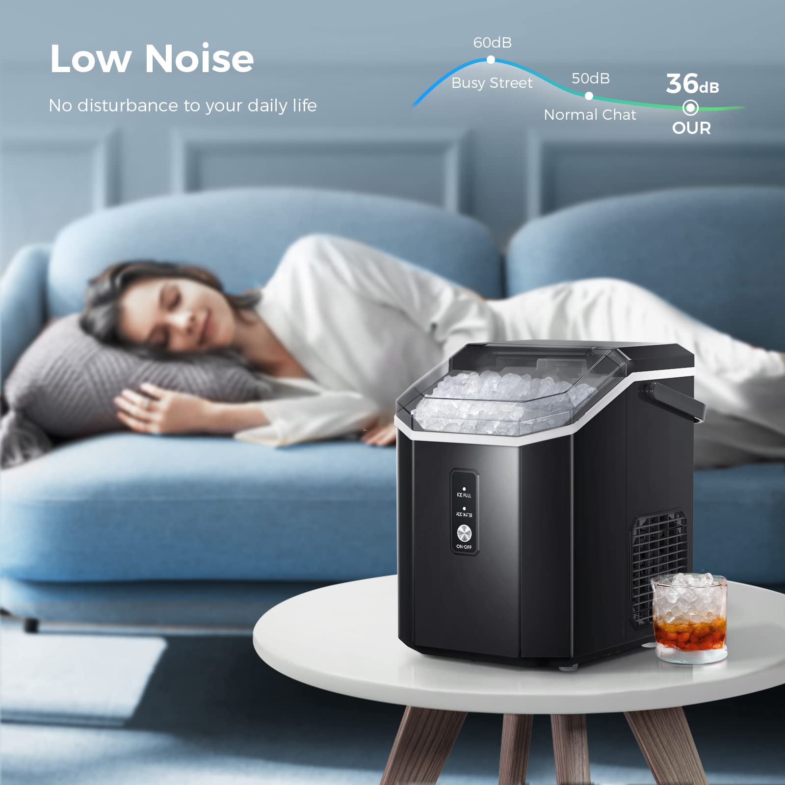 **AGLUCKY Portable Countertop Nugget Ice Maker - 35lbs/24H Crushed Ice Machine with Handle, One-Click Operation & Self-Cleaning - Perfect for Home, Kitchen, Office, Bar, and Parties (Black)**