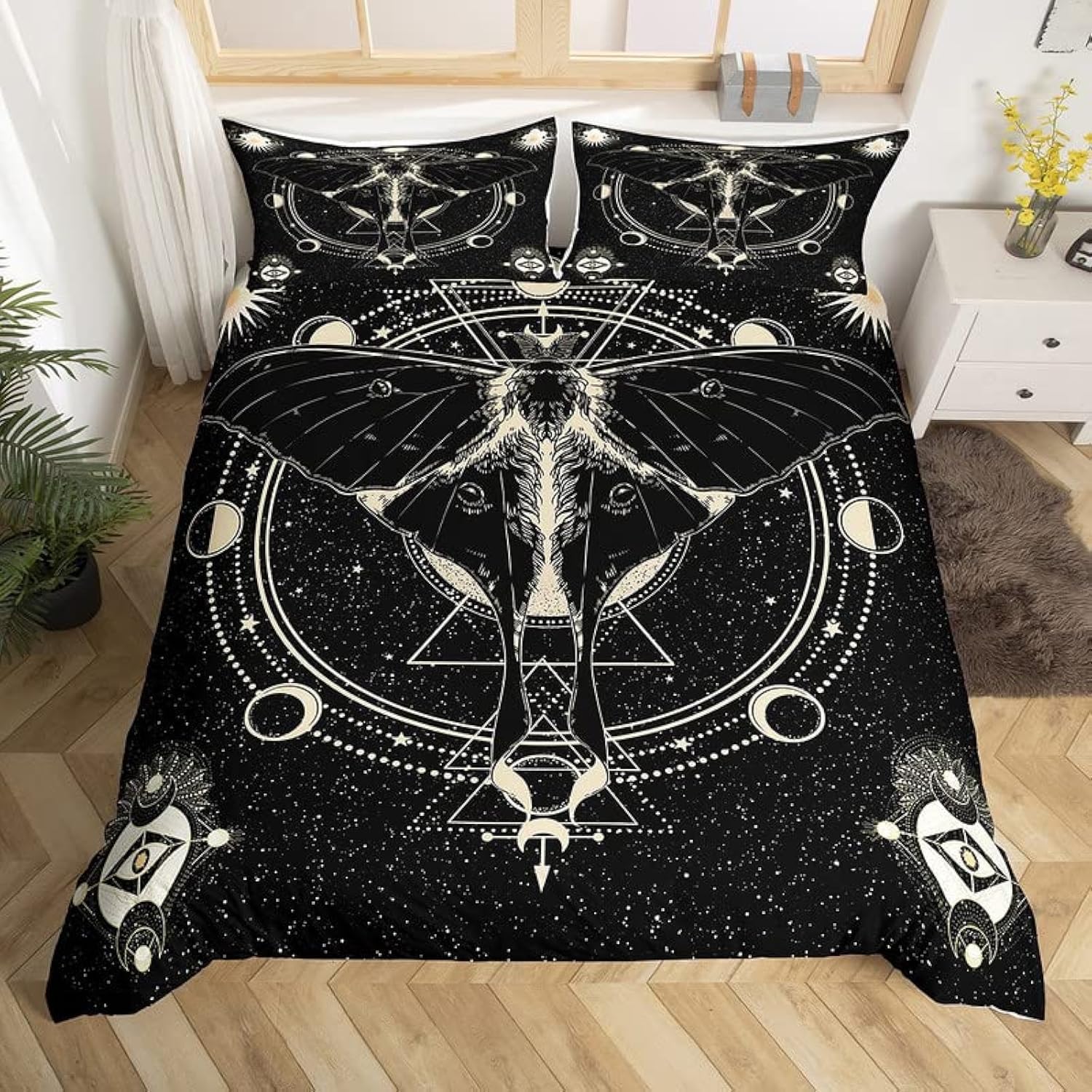 Castle Fairy Death Moth Queen Size Bedding Set - Stars & Moon Phase Space Themed Duvet Cover with 2 Pillowcases | Soft Microfiber Comforter Cover for Kids' Bedroom Decor | Perfect Gift for Fantasy & Gothic Aesthetic Lovers