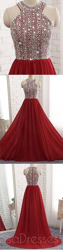 Elegant Dark Red Halter Chiffon Beaded A-Line Long Prom Dress for Evening Gowns & Custom Formal Events - Perfect for Prom Night, Homecoming, and Special Occasions