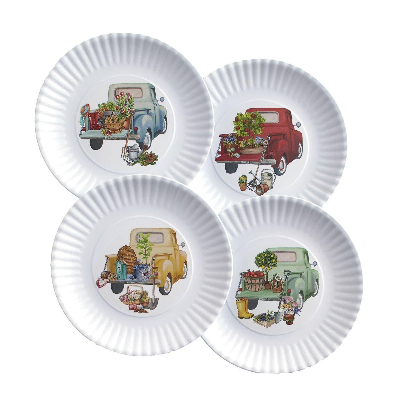 ANTY Floral Truck Dinner and Salad Plates Set of 4 - Farmhouse Style Ceramic Dinnerware for Kitchen, Dining & Camping | Perfect for Family Meals, Picnics & Outdoor Entertaining