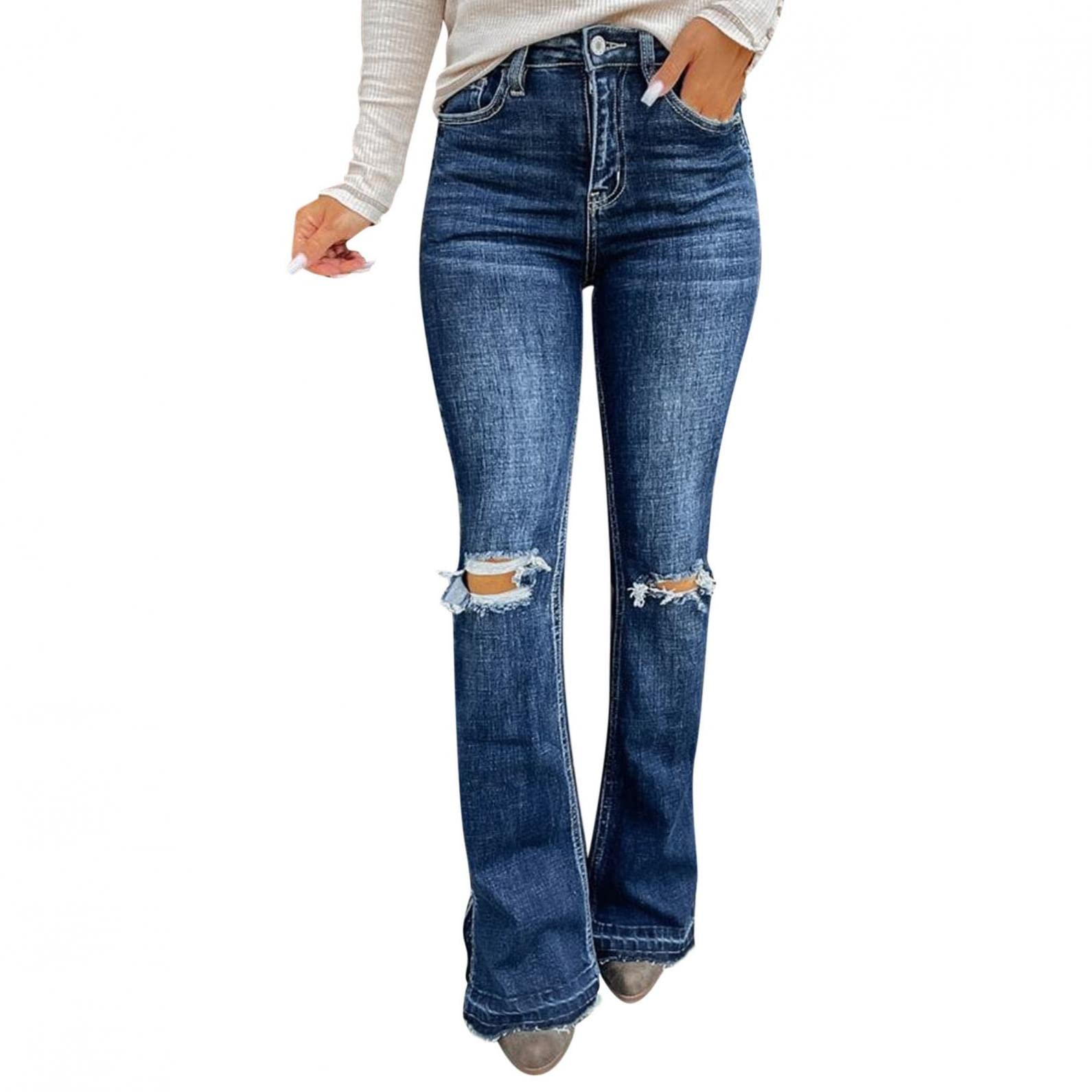 Stylish Women's Flare Leg & Straight Leg Distressed Jeans - Washed Denim with Printed Patch Design | Perfect for Casual Outfits, Streetwear Fashion & Everyday Wear