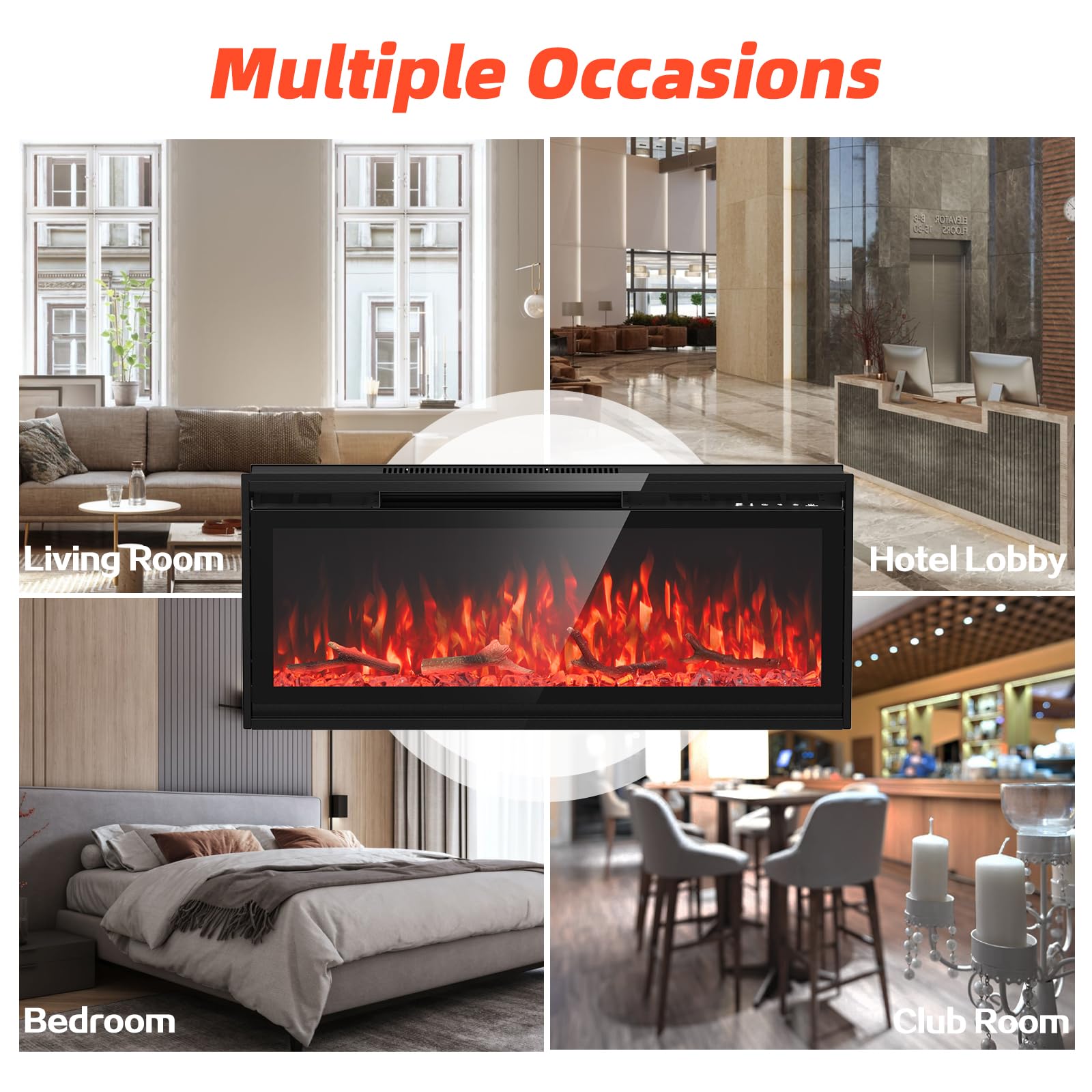 50 Inch Recessed Electric Fireplace with Remote - Wall Mounted Heater with Adjustable Flame Colors & Timer (750W/1500W) - Perfect for Living Room, Bedroom & Office - Black