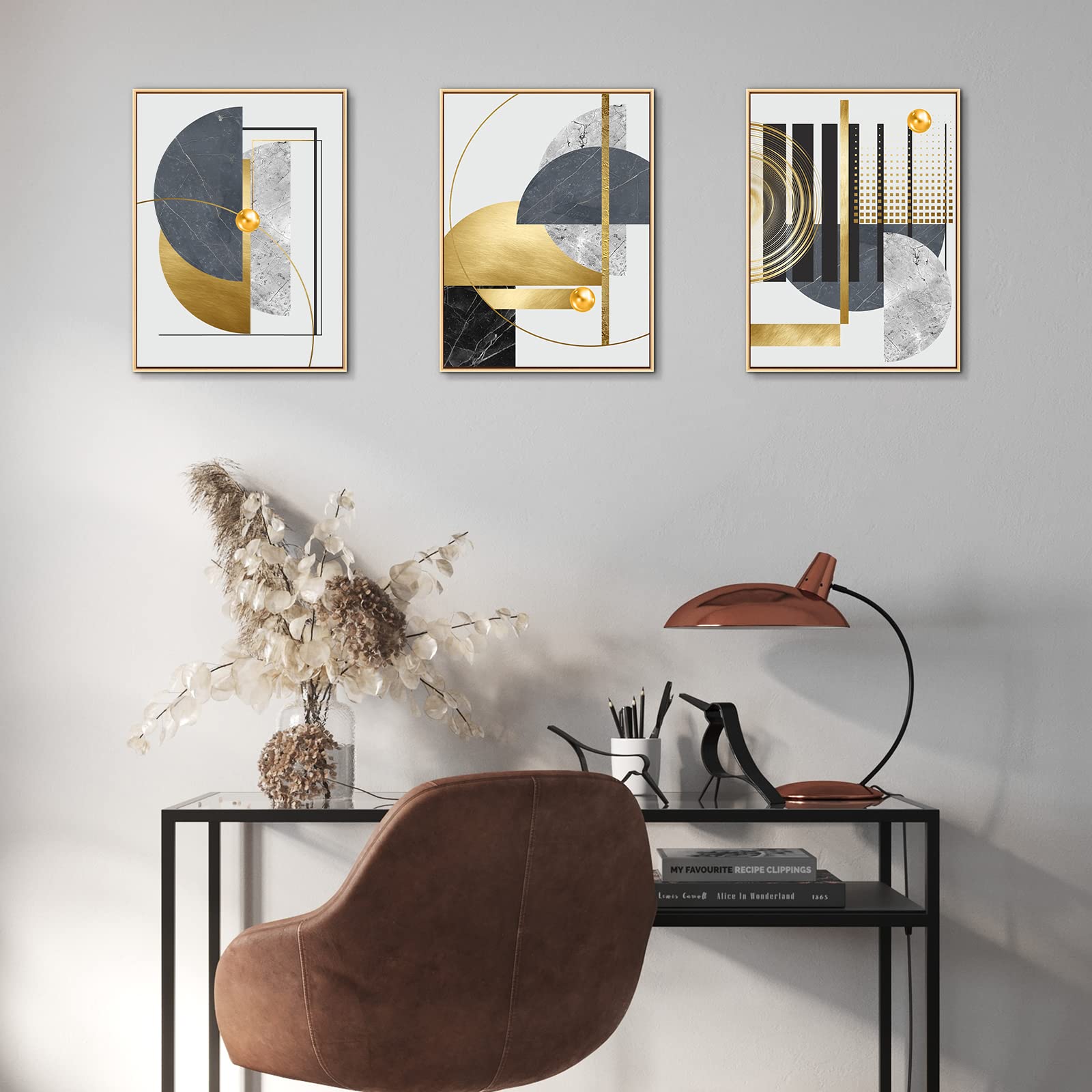 3Pcs Gold Canvas Wall Art Decor - Nordic Luxury Geometric Abstract Grey Black and Gold Framed Painting Poster Print (12x16 Inch) for Living Room, Bedroom & Dining Room - Elegant Marble Wall Art for Home & Office Decor