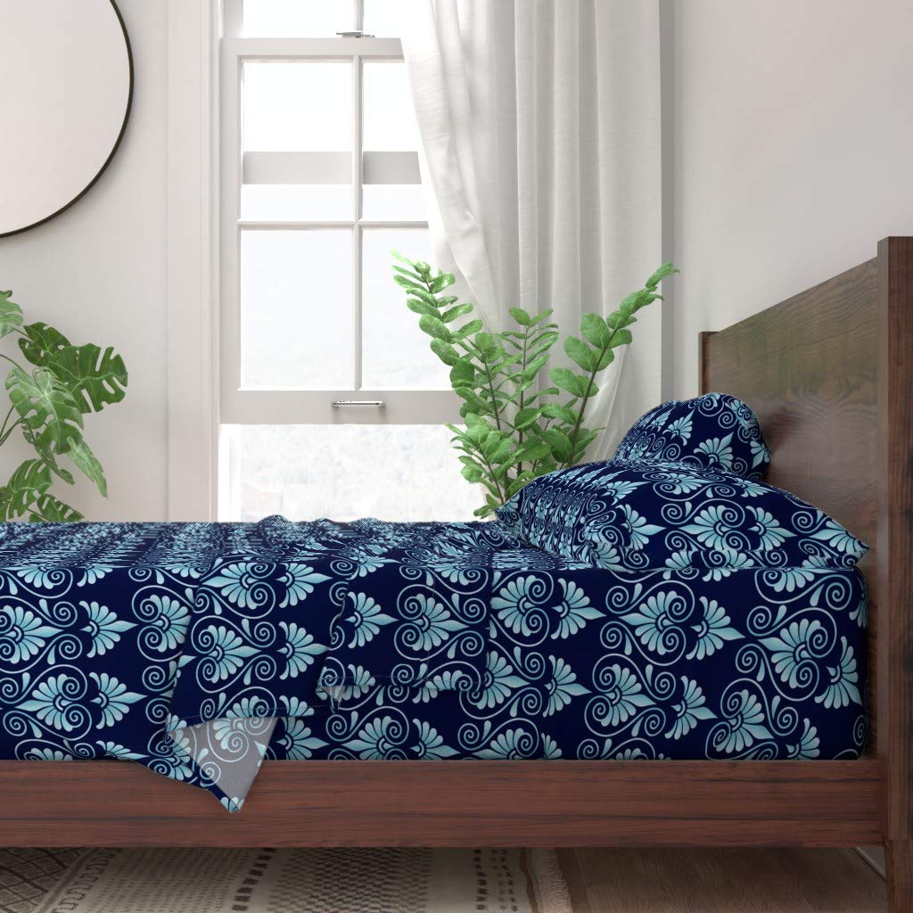 100% Cotton Twin 3-Piece Sheet Set | Art Deco Boho Midcentury Modern Ombre Blue Floral Print Custom Bedding | Spoonflower Premium Cotton Sheets for Cozy Bedroom Decor