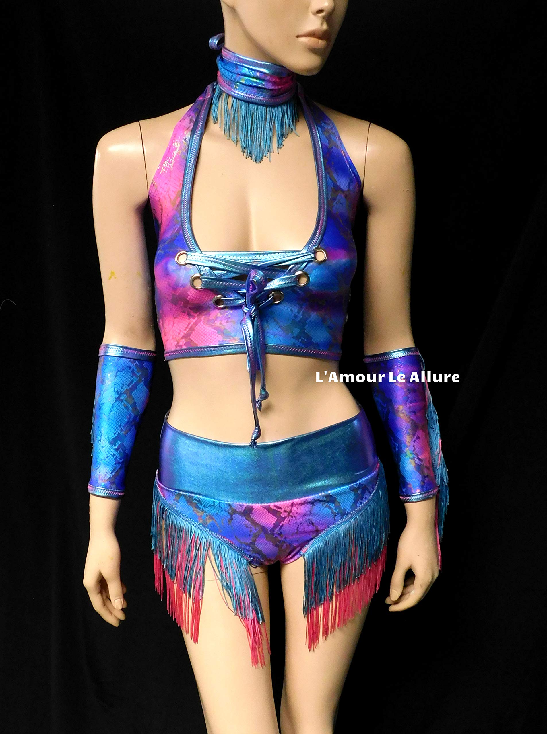 Blue & Pink Holographic Fringe Snake Print Cowgirl Outfit - Halter Top & High Waist Scrunchie Shorts Set for Music Festivals, Rodeo Parties & Western Fashion
