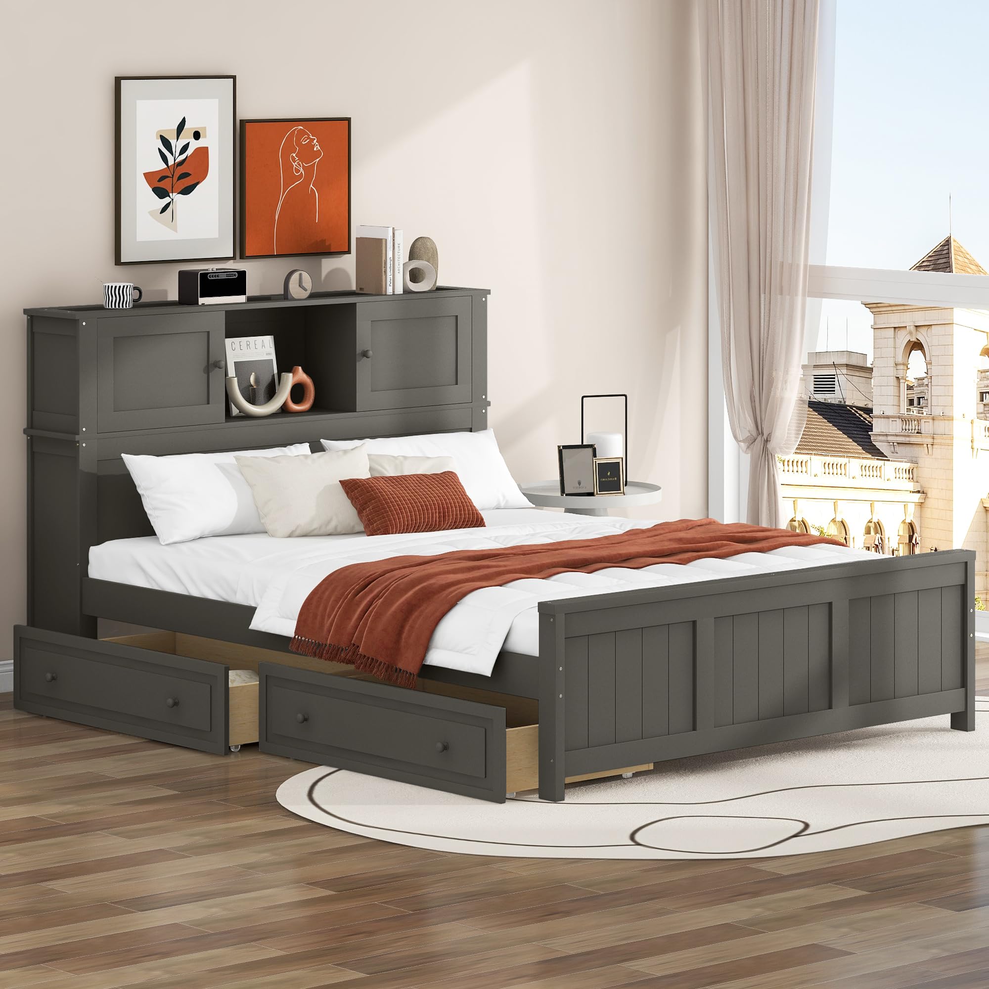LZ LEISURE ZONE Full Size Platform Bed Frame with Storage Drawers & Sliding Door Headboard - Sturdy Wood Bed with Underbed Storage - Gray - Perfect for Small Bedrooms, Guest Rooms & Dorm Rooms
