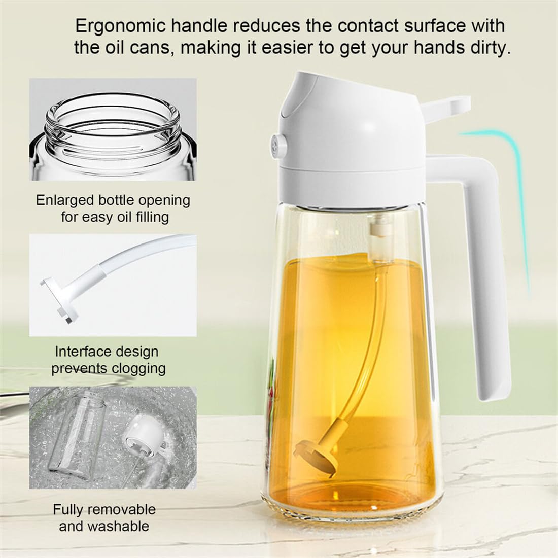 2 in 1 Glass Oil Dispenser and Sprayer Bottle - 16oz Kitchen Oil Sprayer for Olive, Coconut & Cooking Oils - Perfect for Salad Dressing, Frying & Baking (White)