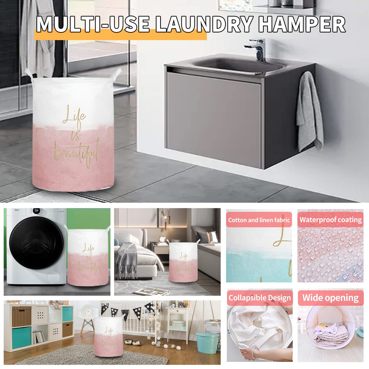 Merdes 19.7’’ Waterproof Foldable Laundry Hamper - Portable Dirty Clothes Basket & Storage Organizer for Laundry, Toys, Linens (Life Pink) | Perfect for Bedroom, Bathroom, Dorm & Nursery Organization