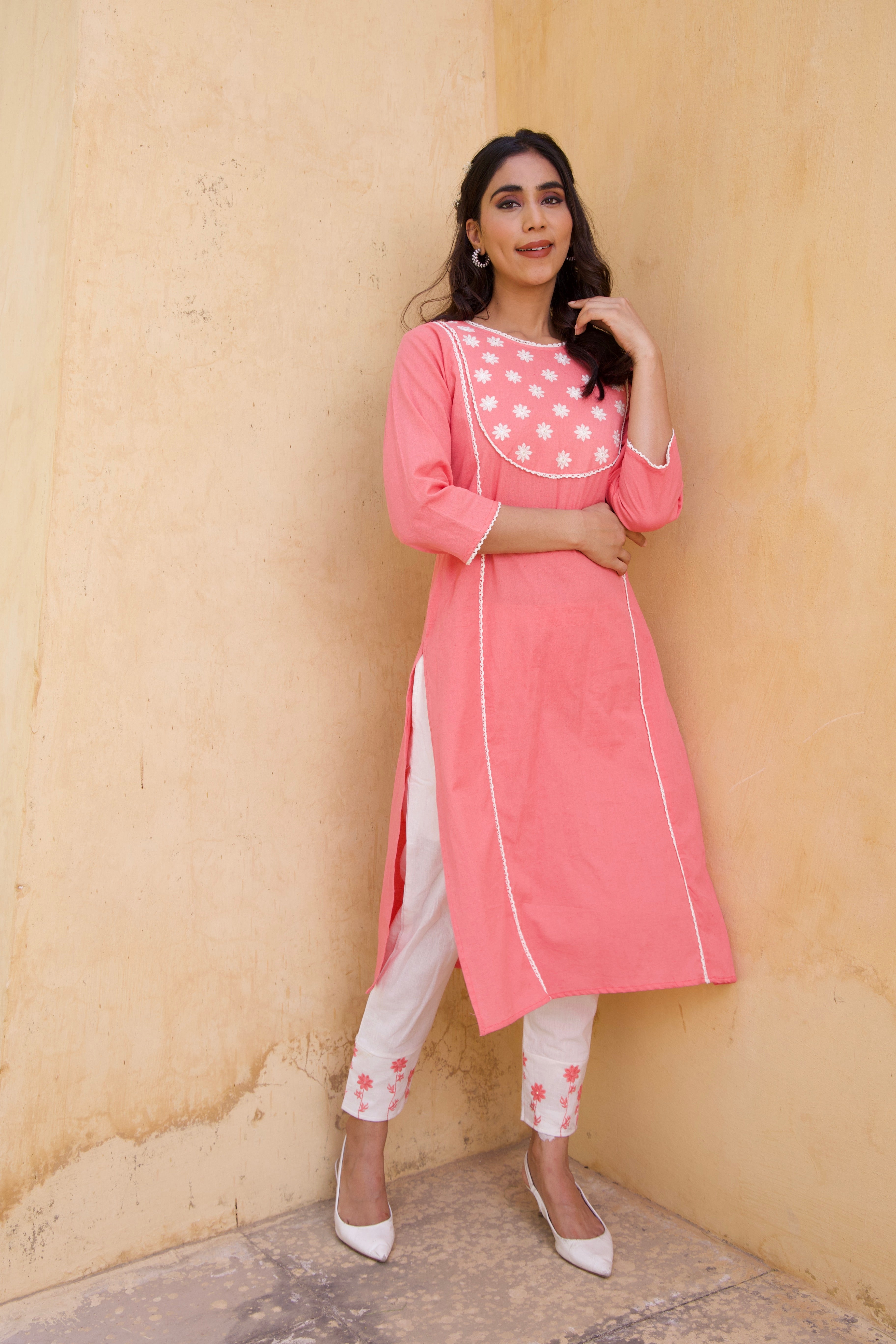 Stylish Pink Cotton Floral Kurta Set for Women - Perfect for Festivals, Parties & Casual Wear