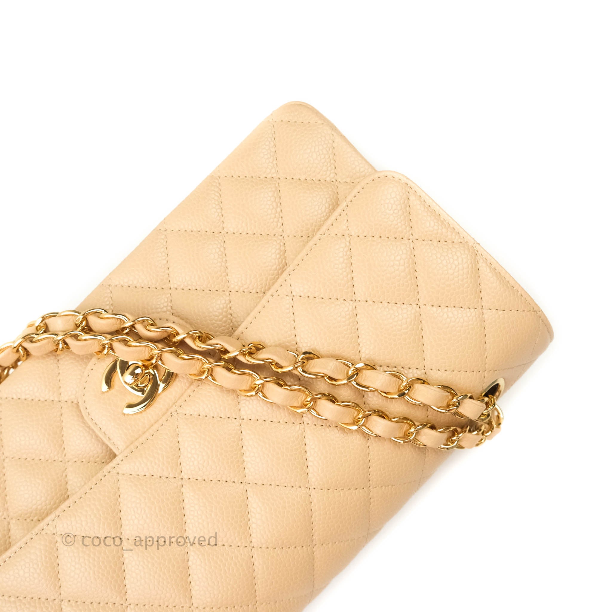 Chanel Classic Medium Double Flap Bag in Beige Caviar Leather with Gold Hardware - Luxury Handbag for Women, Perfect for Work, Evening Events & Special Occasions
