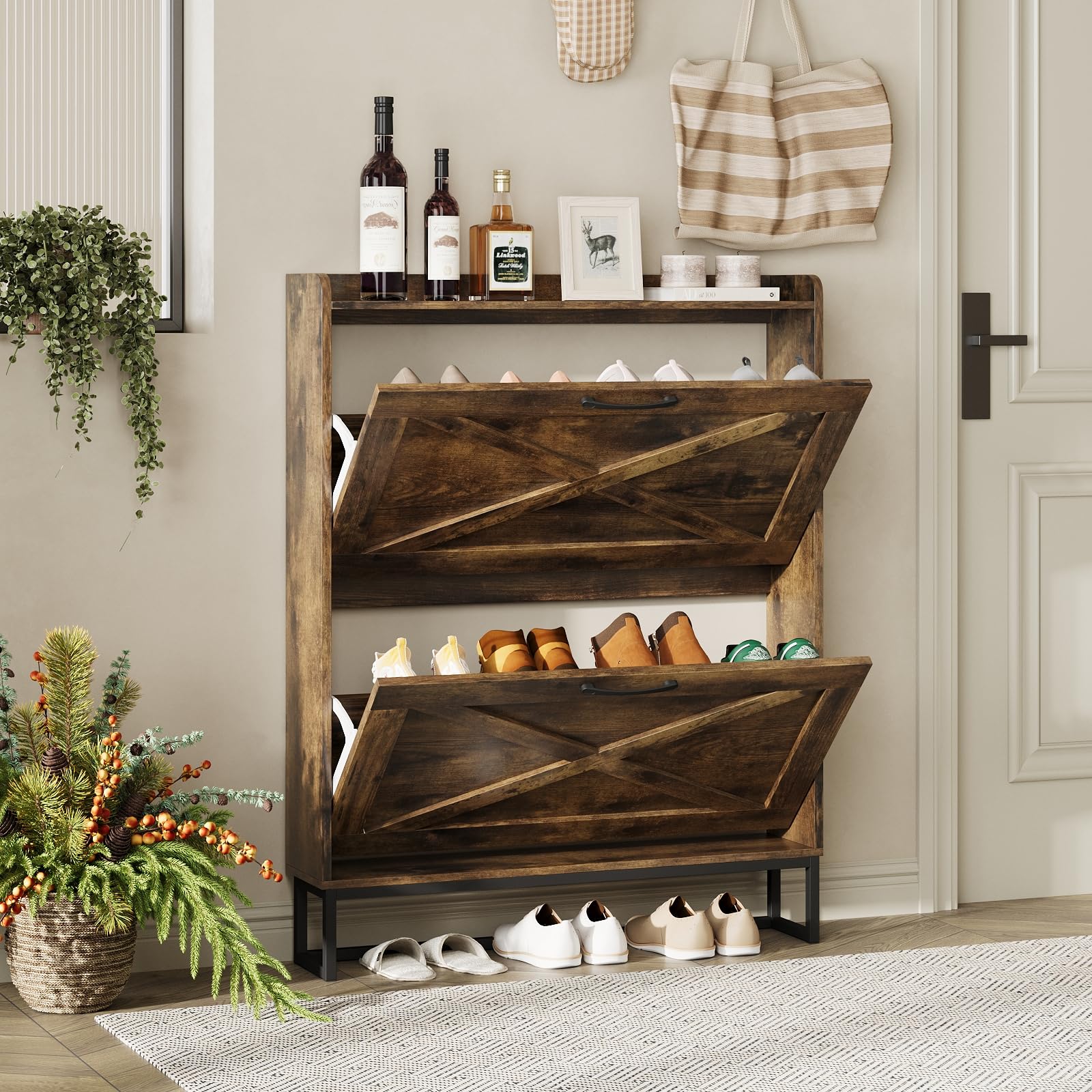 Maupvit Narrow Shoe Cabinet with 2 Flip Drawers - Slim Entryway Shoe Storage Organizer with Metal Legs | Farmhouse Style Free Standing Shoe Rack for Hallway, Closet & Small Spaces