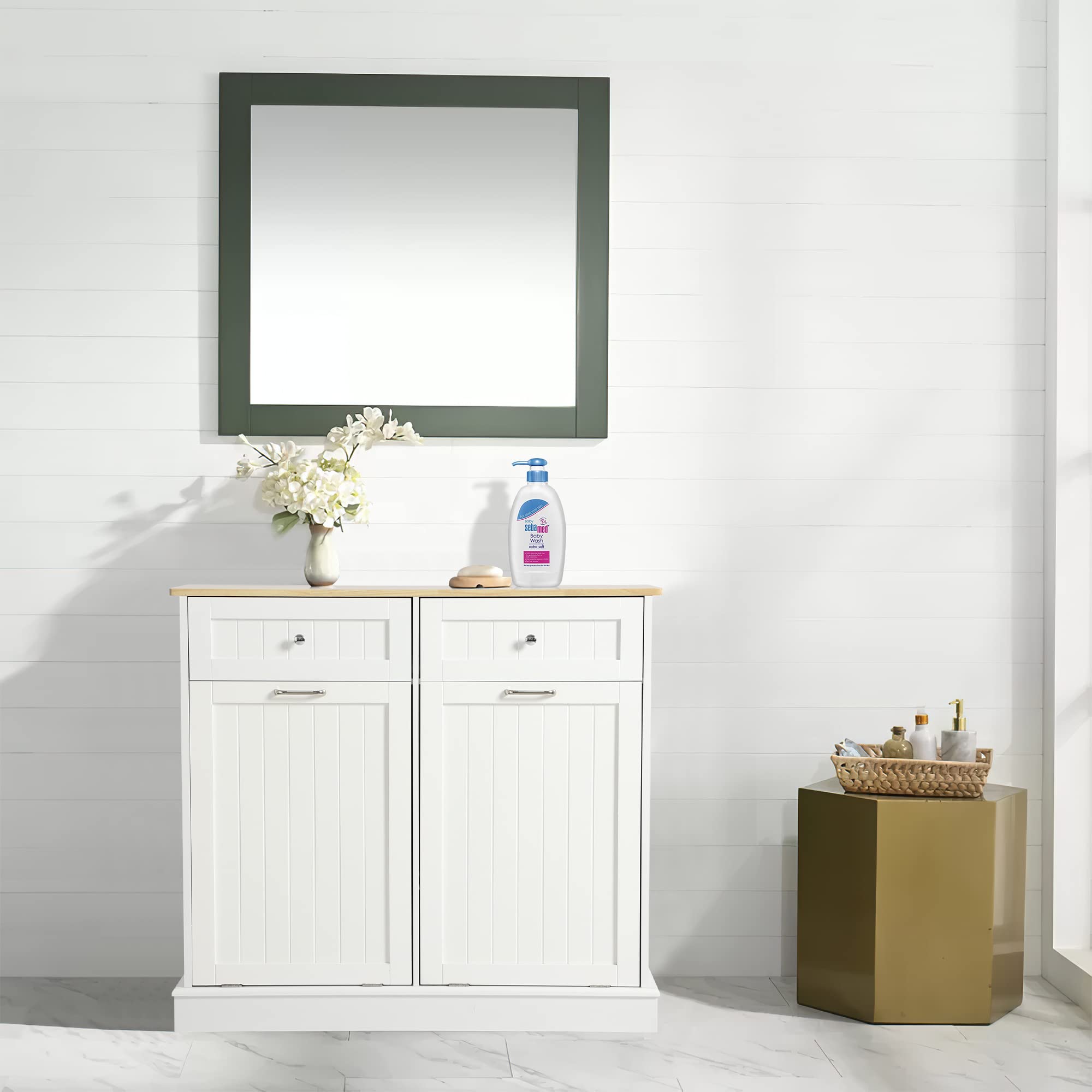 KIGOTY White Double Tilt Out Trash Cabinet - Pet Proof Kitchen Trash Can with Countertop, Drawer & Storage | Wooden Laundry Hamper for Kitchen Organization | Perfect for Small Spaces & Pet-Friendly Homes