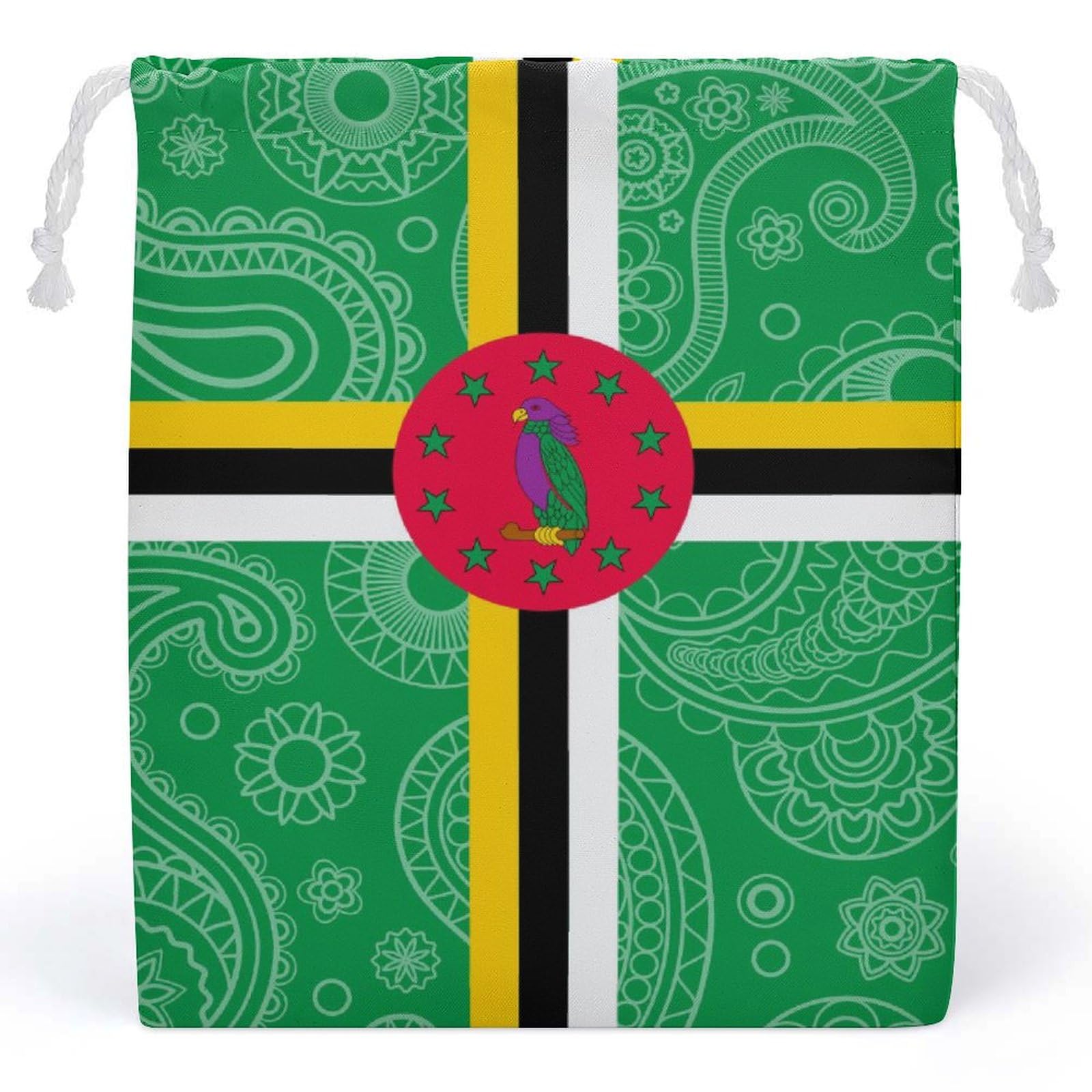 Dominica Paisley Flag Print Muslin Drawstring Bags - Reusable Small Gift Pouches for Party Favors, Wedding Gifts & Travel Storage | Eco-Friendly Cotton Fabric Gift Bags