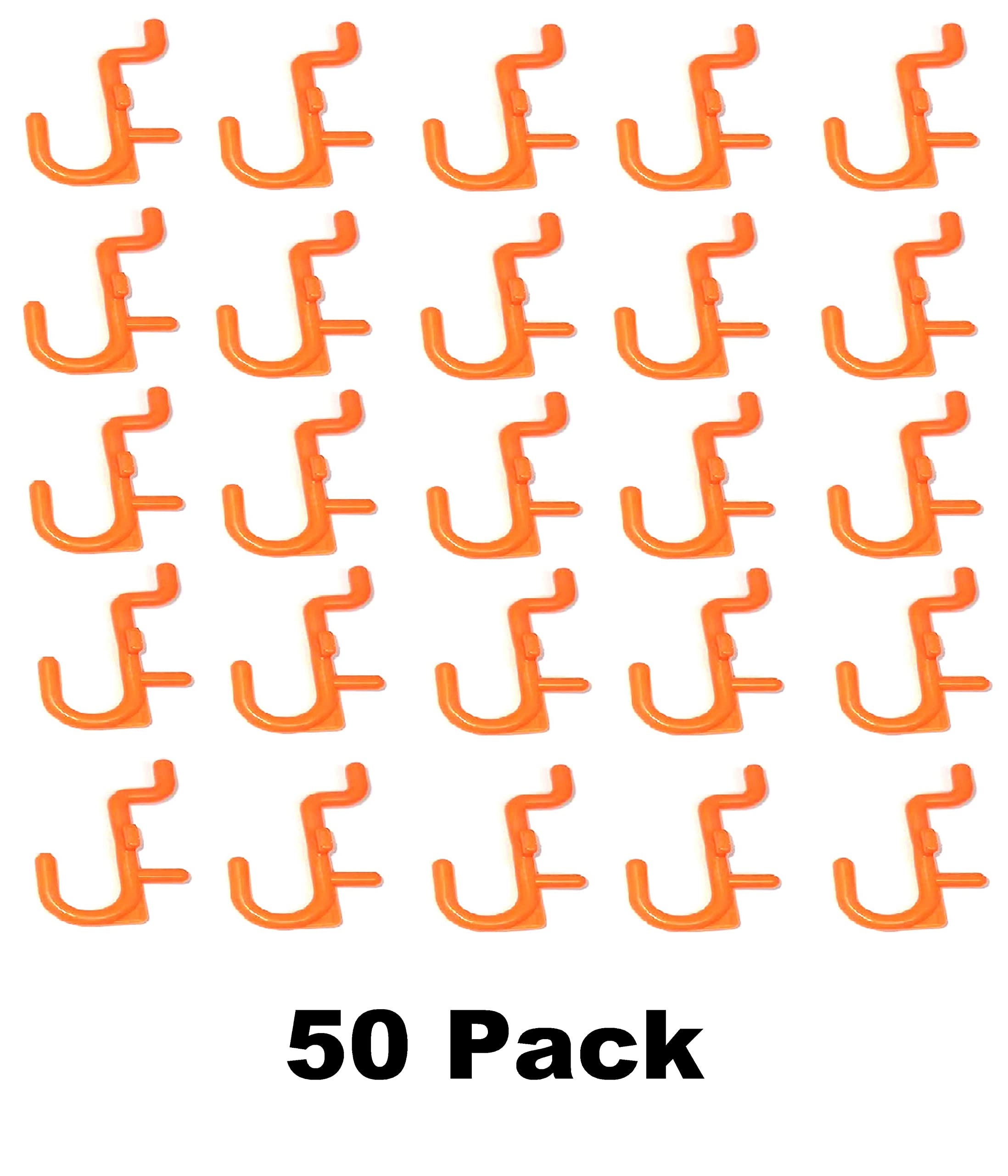 JSP Manufacturing 50-Pack Orange Plastic J-Style Pegboard Hooks - Non-Locking Tool Storage Hooks for Garage, Workshop & Craft Organization - Pegboard Accessories for Tools, Utensils & Supplies