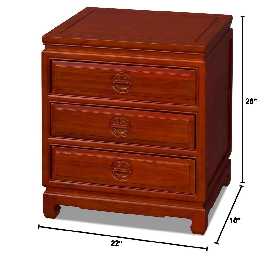 Elmwood Chinese Nightstand with 3 Drawers - Longevity Design Solid Wood Bedside Table - Natural Finish for Bedroom, Living Room & Guest Room Furniture