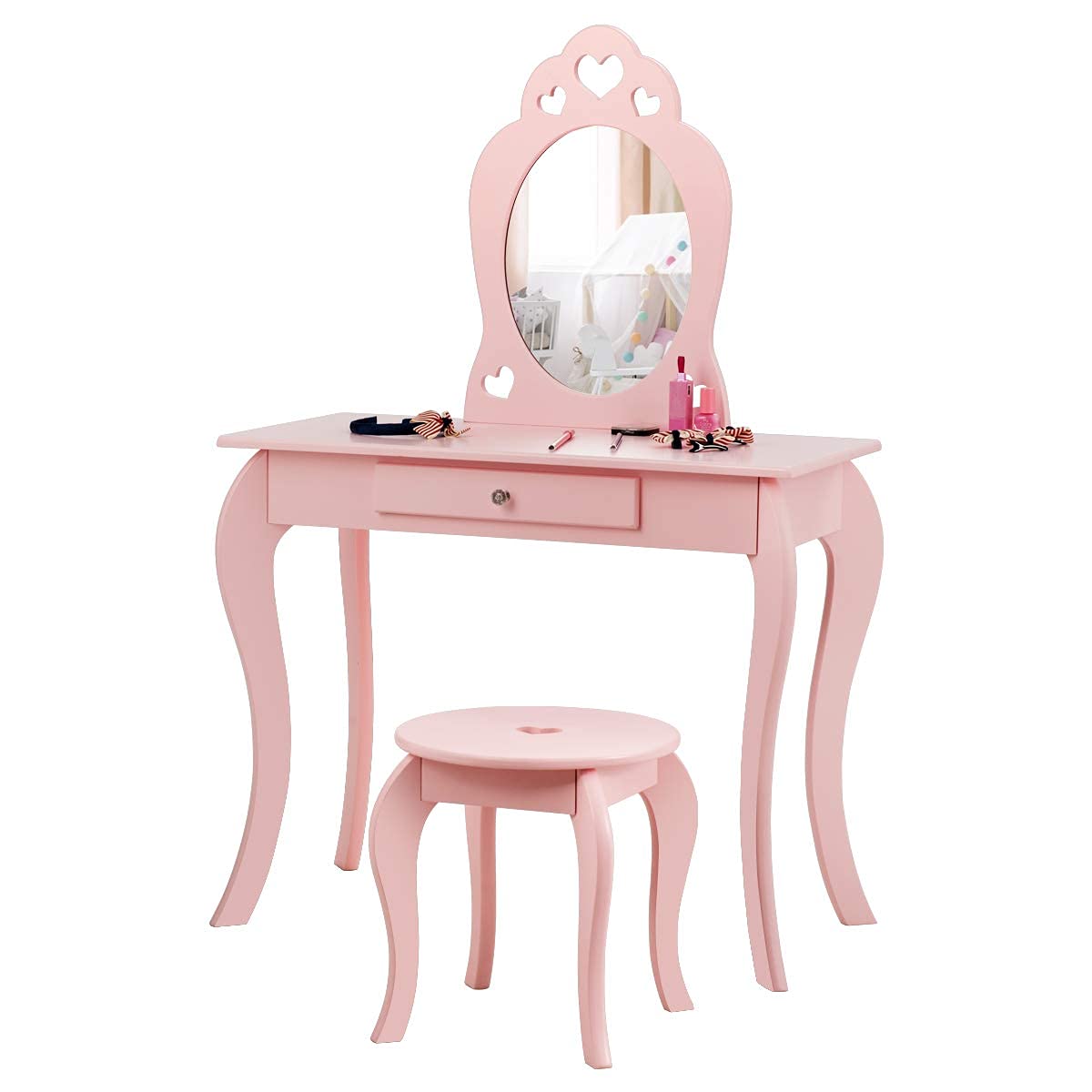 HONEY JOY Pink Kids Vanity Set with Mirror & Stool - Wooden Toddler Makeup Dressing Table with Removable Top & Drawer - Princess Pretend Play Beauty Set for Little Girls - Perfect for Birthday Gifts, Bedroom Decor & Role Play Activities