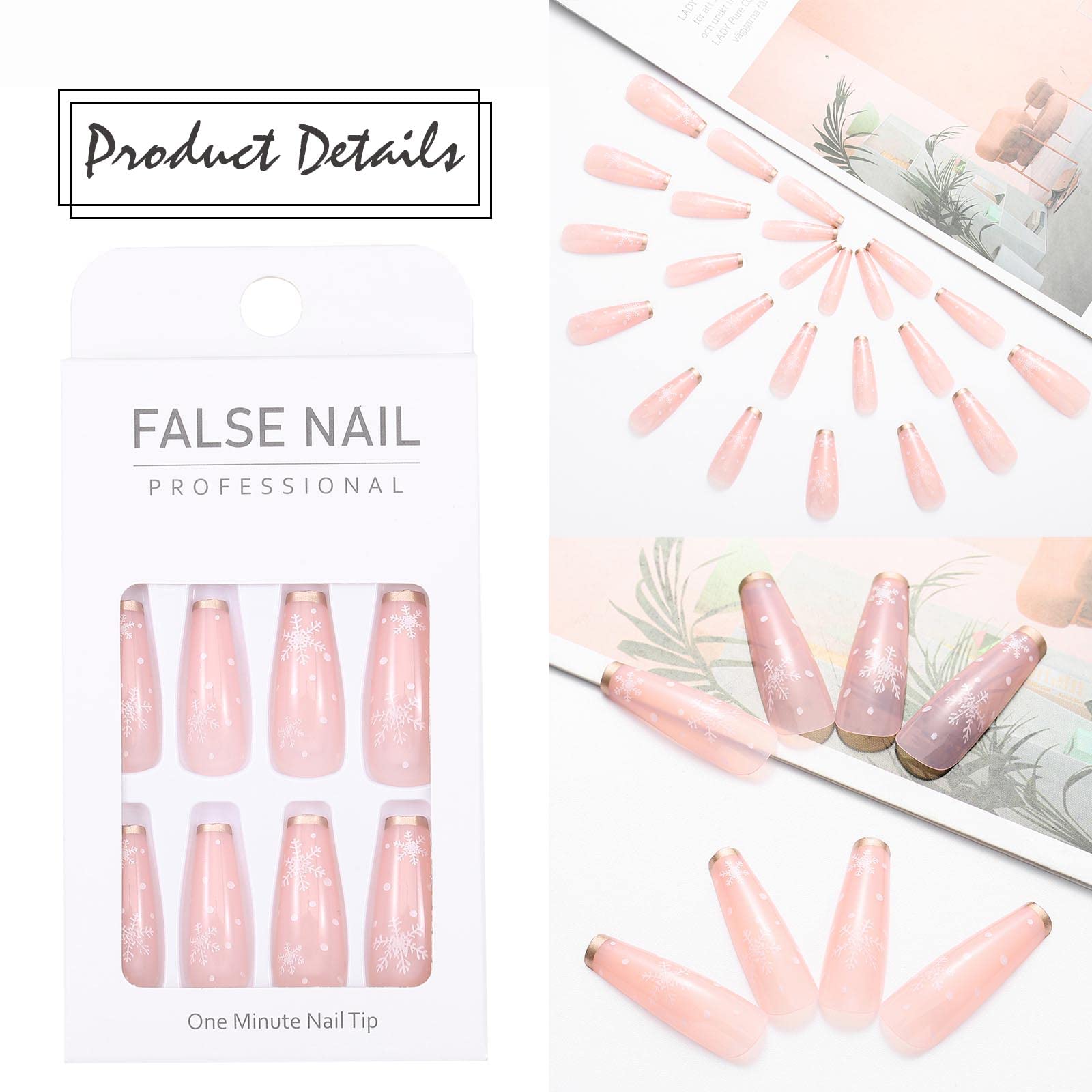 Acenail Extra Long Coffin Press on Nails - 24Pcs French Snowflake Design Glossy Fake Nails with Full Cover Tips | DIY Acrylic Nails for Women & Girls | Perfect for Parties, Weddings & Special Occasions
