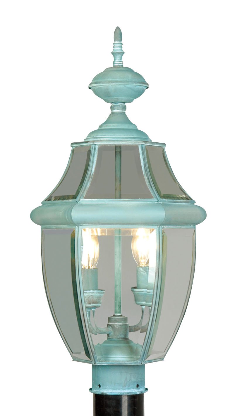 Livex Lighting 2254-06 Outdoor Post Light with Clear Beveled Glass Shades in Verdigris Finish - Perfect for Porch, Patio, Garden and Pathway Lighting