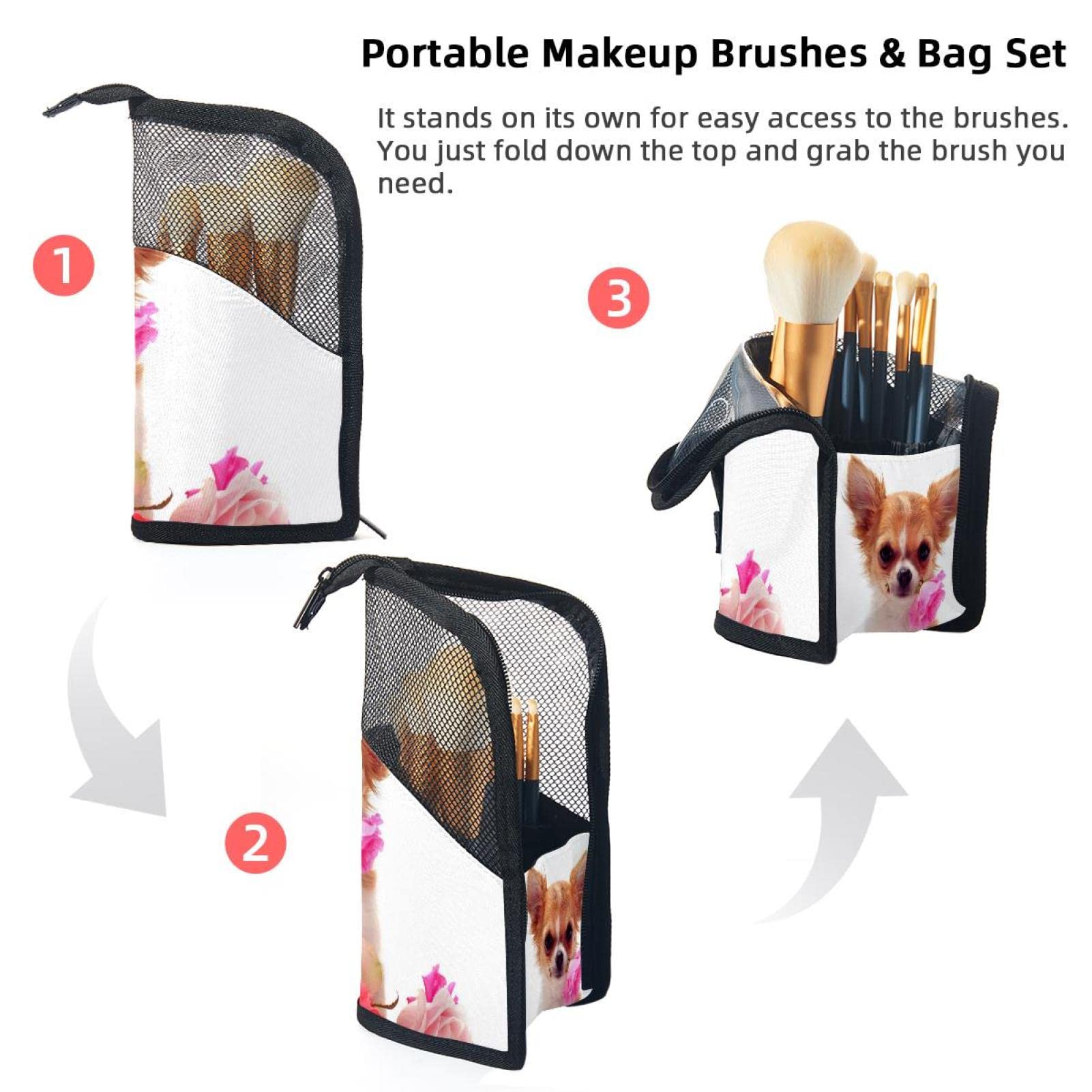 Premium 12-Piece Makeup Brush Organizer Bag with Chihuahua & Rose Design - Portable Makeup Brush Holder Case for Travel, Home Vanity & Professional Makeup Artists