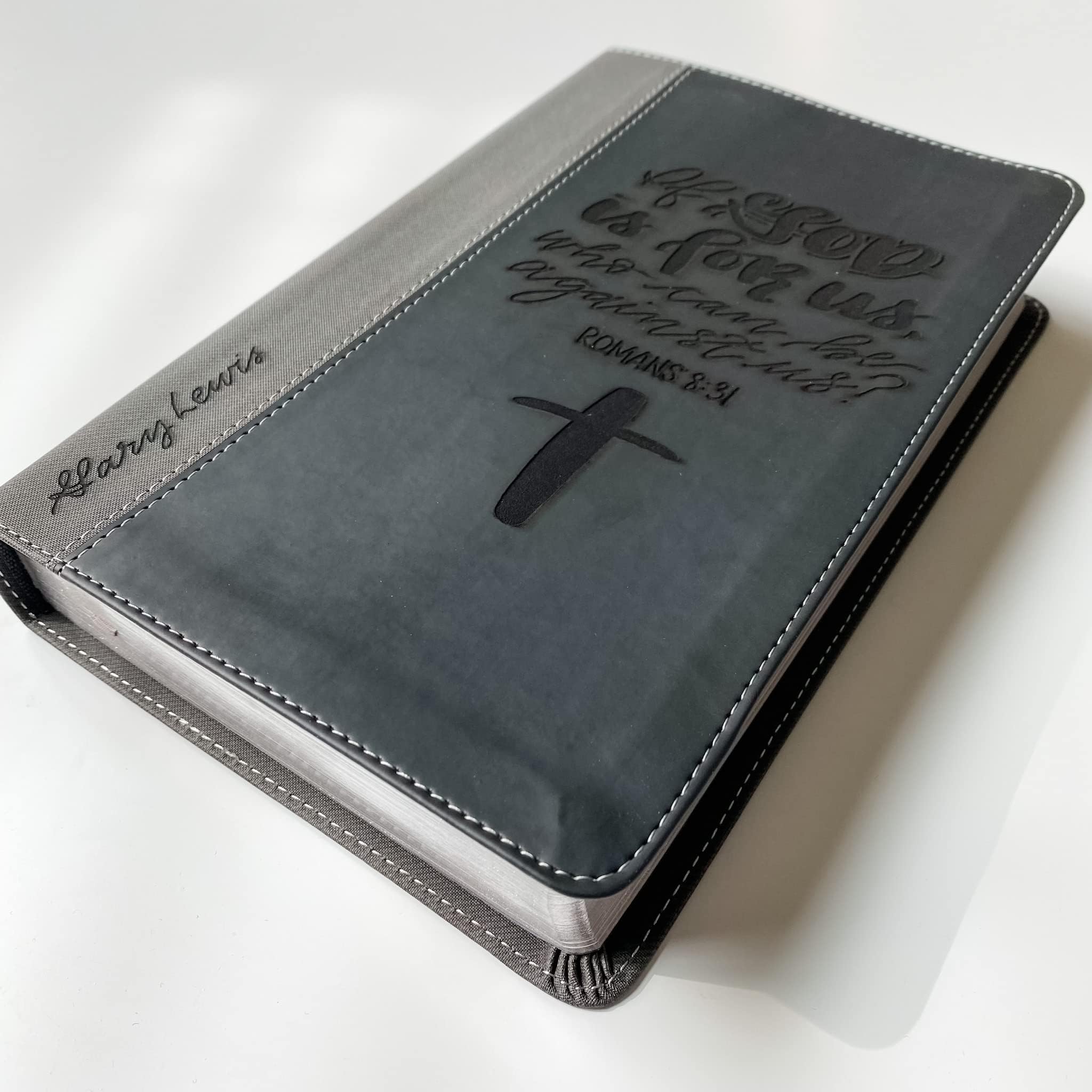 Personalized NIV Black/Gray Leathersoft Bible with Hand Lettering & Laser Engraving - Custom Name Engraving Available - Perfect Gift for Weddings, Baptisms, Graduations & Birthdays - Ideal for Daily Devotion, Church Services & Special Occasions