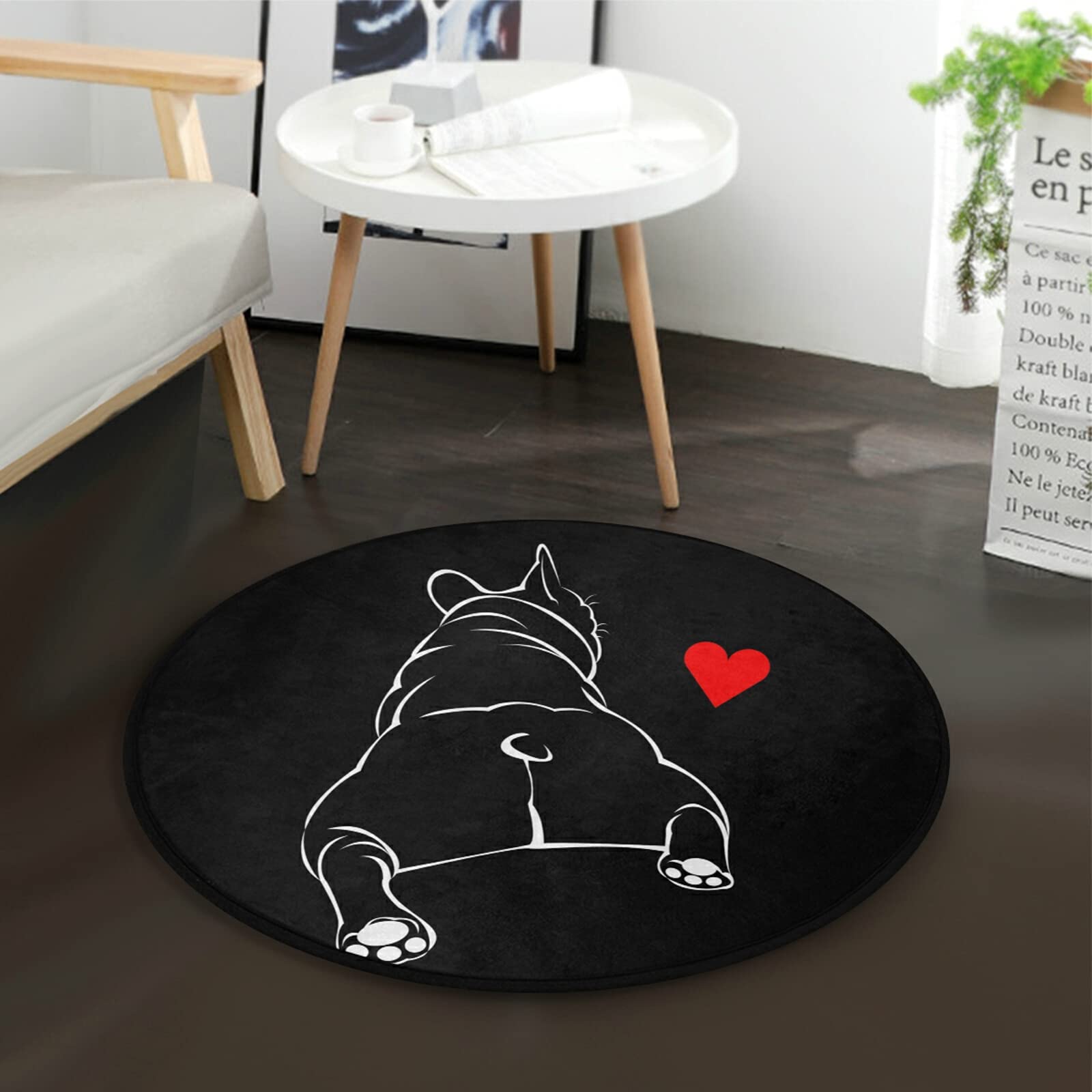 ALAZA Cartoon French Bulldog Black Round Area Rug - 3' Diameter (92 cm) Non-Slip Soft Floor Mat for Living Room, Bedroom, Nursery | Pet-Friendly Home Decor & Kids Playroom Rug