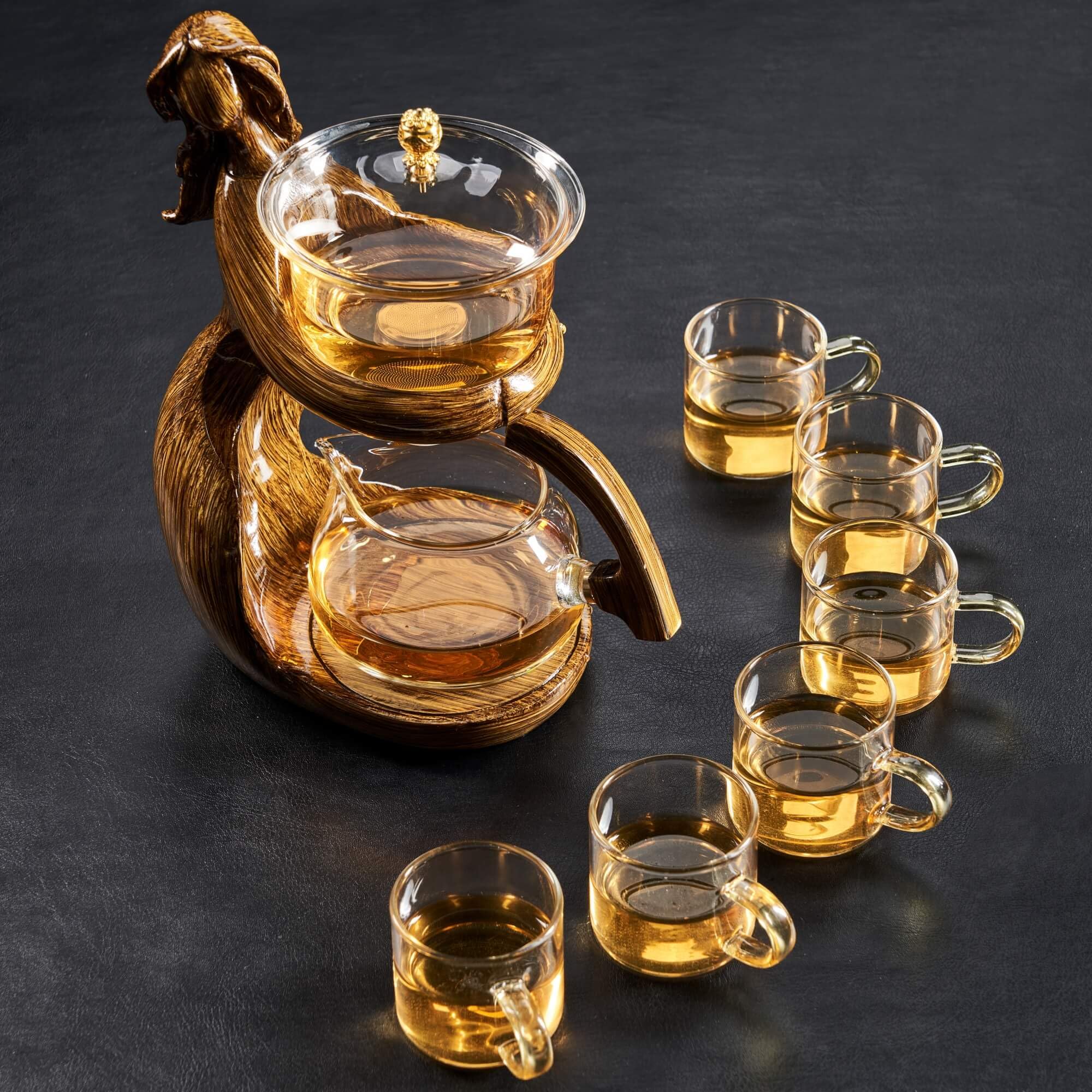 Premium Semi-Automatic Glass Kung Fu Tea Set with Infuser & 6 Small Cups - Traditional Chinese Brown Teapot for Home, Office & Tea Ceremony Use