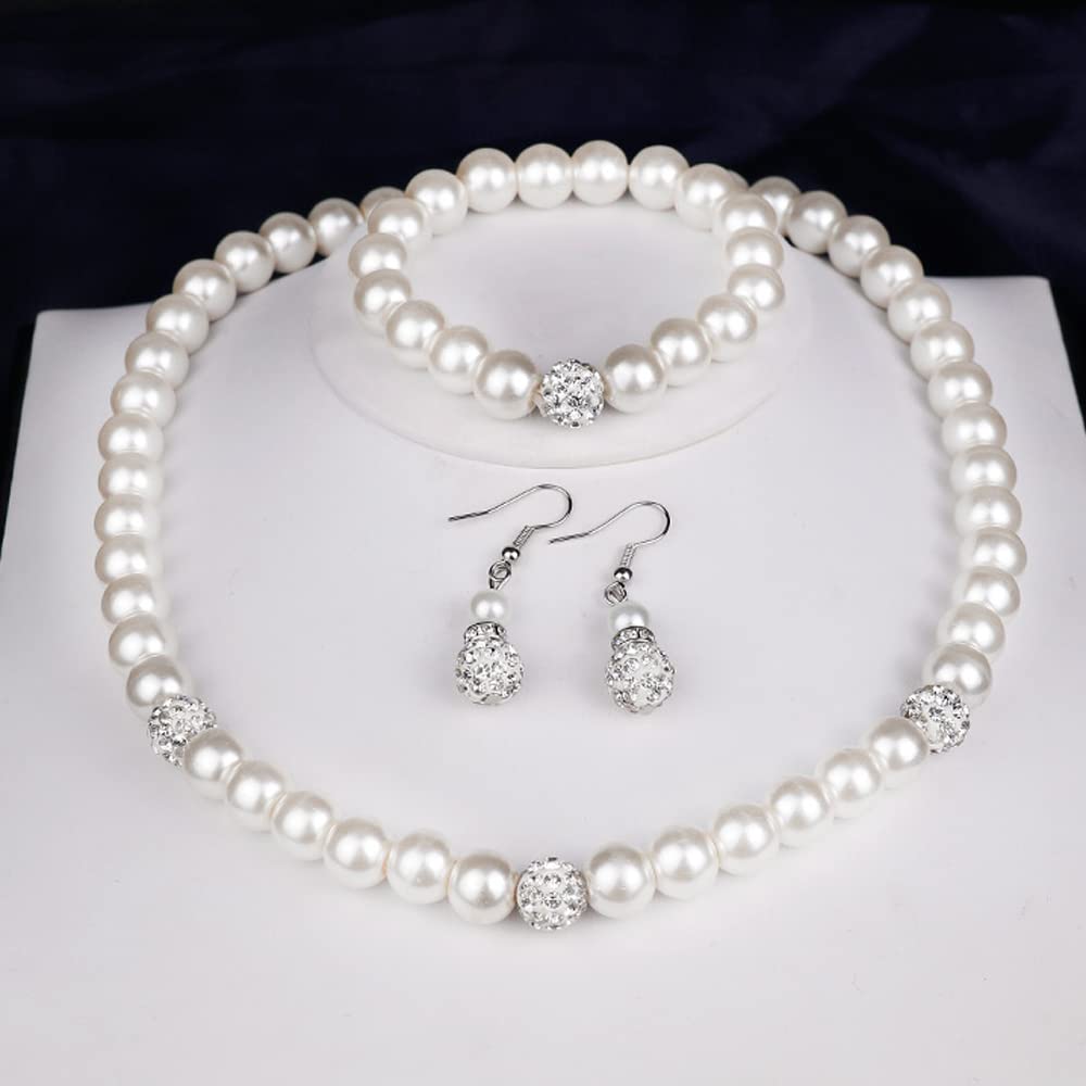 Wekicici Silver Plated Faux Pearl Bridal Jewelry Set - Necklace, Earrings & Bracelet for Women | Elegant Wedding Gift for Brides, Bridesmaids & Special Occasions | Perfect for Weddings, Anniversaries & Formal Events