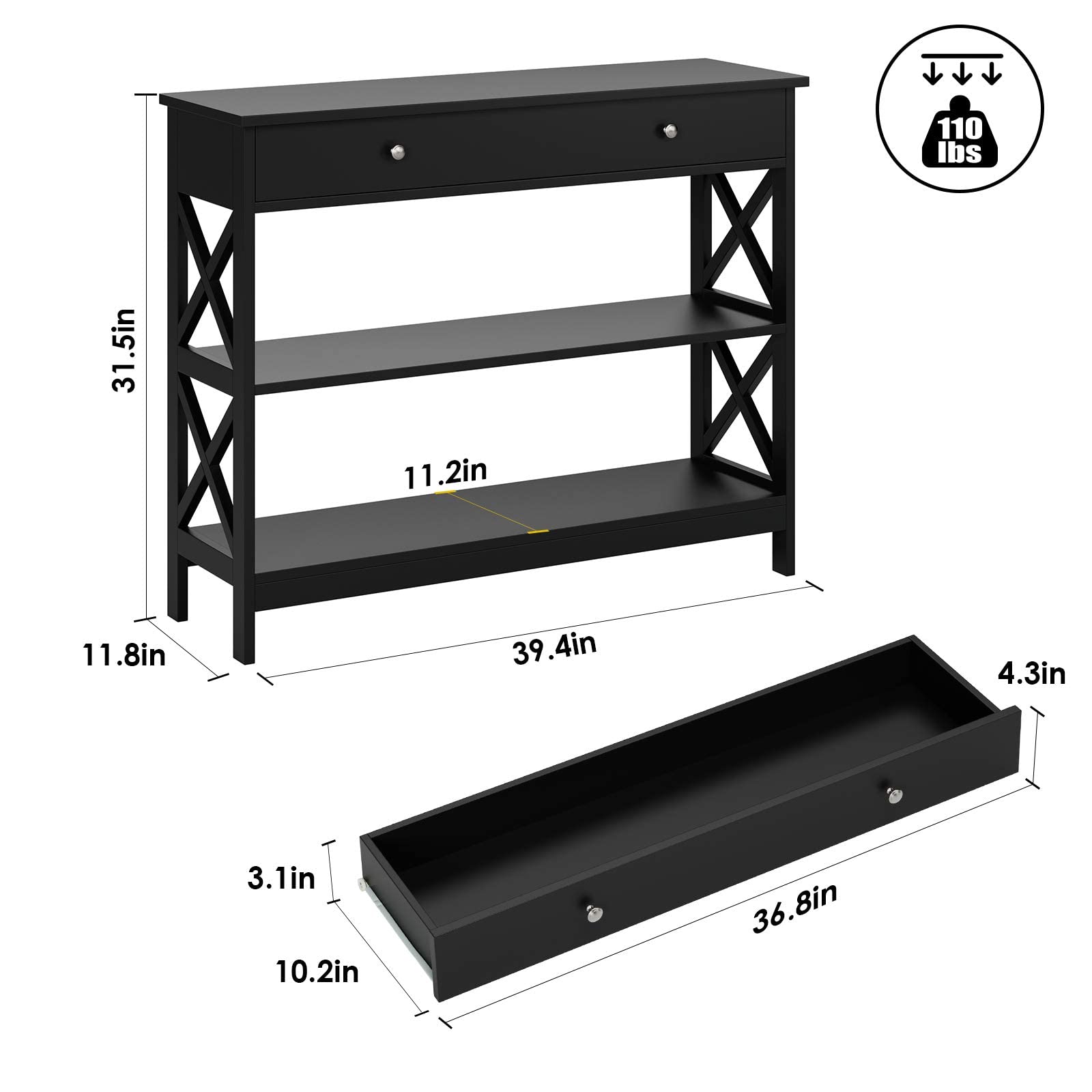 3-Tier Narrow Wood Console Table with Drawer & Open Shelves - X-Shaped Sofa Table for Hallway, Entryway & Living Room - Easy Assembly (39.4