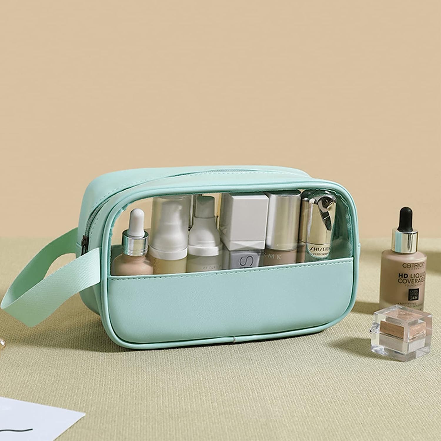 PINZOR Clear Makeup Pouch Set - Travel Cosmetic Organizer for Women & Men | Small Green Toiletry Bag