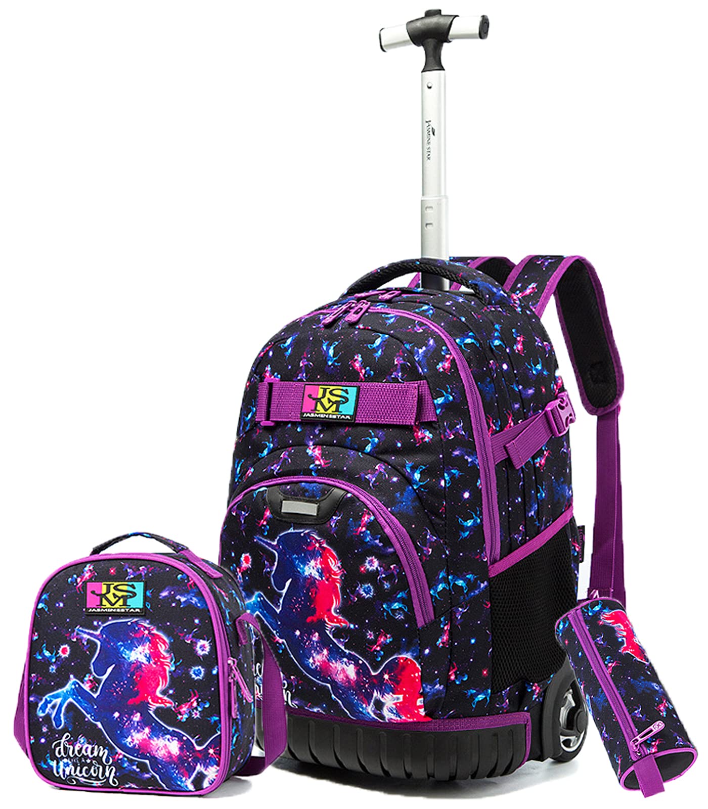 Egchescebo 3-Piece Rolling Backpack Set for Kids - 18 Inch Wheeled School Backpack with Lunch Bag & Pencil Case, Durable Travel Luggage for Boys & Girls - Space Starry Sky Print, Big Wheels, Purple | Perfect for School, Travel & Daily Use