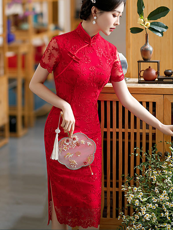 Elegant Red Sequined Lace Cheongsam Qipao Dress for Engagement Party, Wedding, Chinese New Year Celebration - Vintage Chinese Traditional Evening Gown for Special Occasions