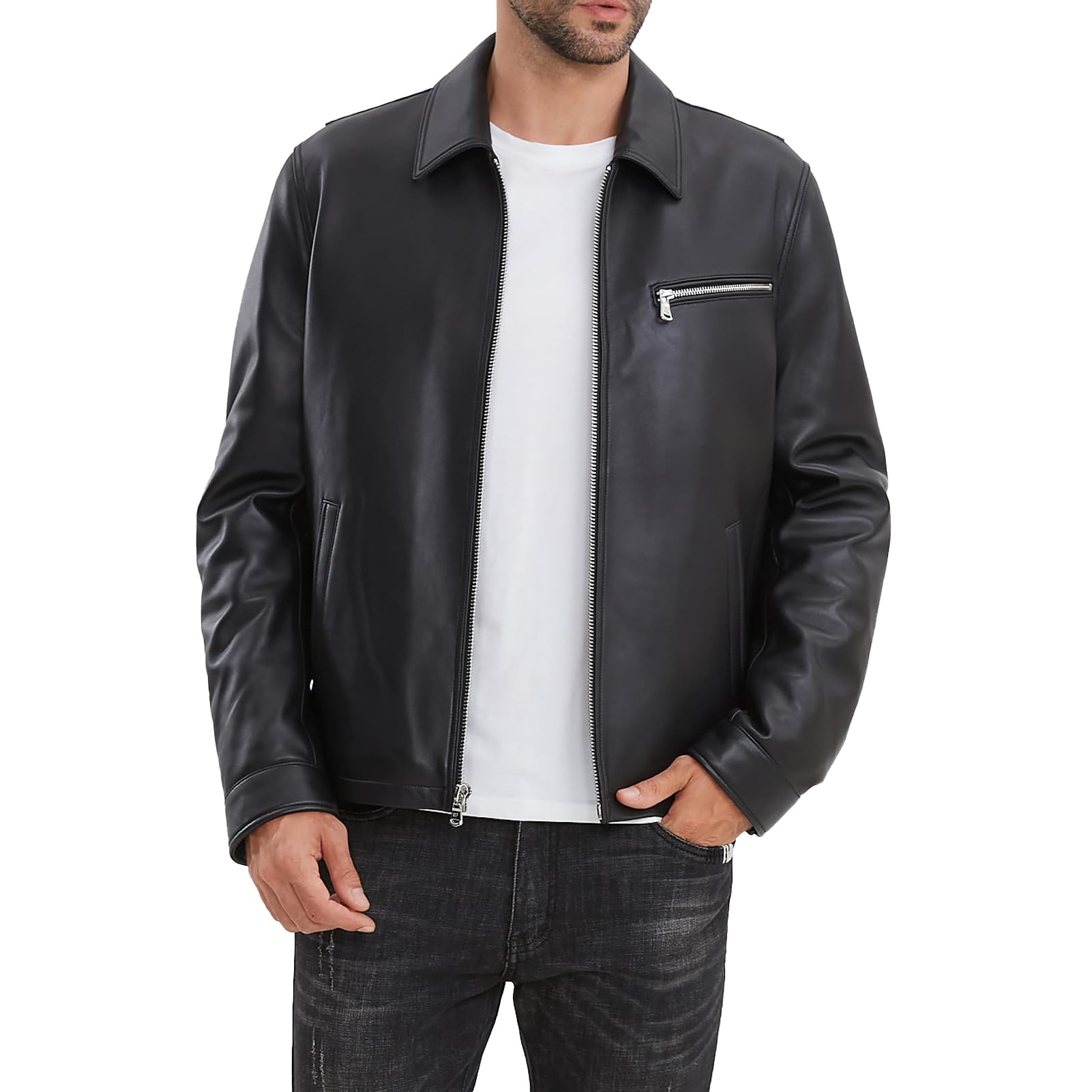 Premium Men's Lambskin Leather Jacket - Full Zip Front, Tailored Fit, Metal Snap Cuffs - Casual & Stylish Outerwear for Everyday Wear, Motorcycle Riding & Night Out