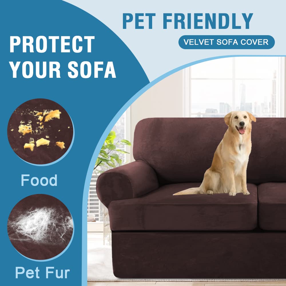 H.VERSAILTEX 4-Piece Velvet Sofa Slipcover Set - Thick Stretch Couch Cover with 3 T-Cushion Covers, Furniture Protector for 3-Cushion Sofa, Brown - Perfect for Living Room, Home Decor & Pet-Friendly Furniture Protection