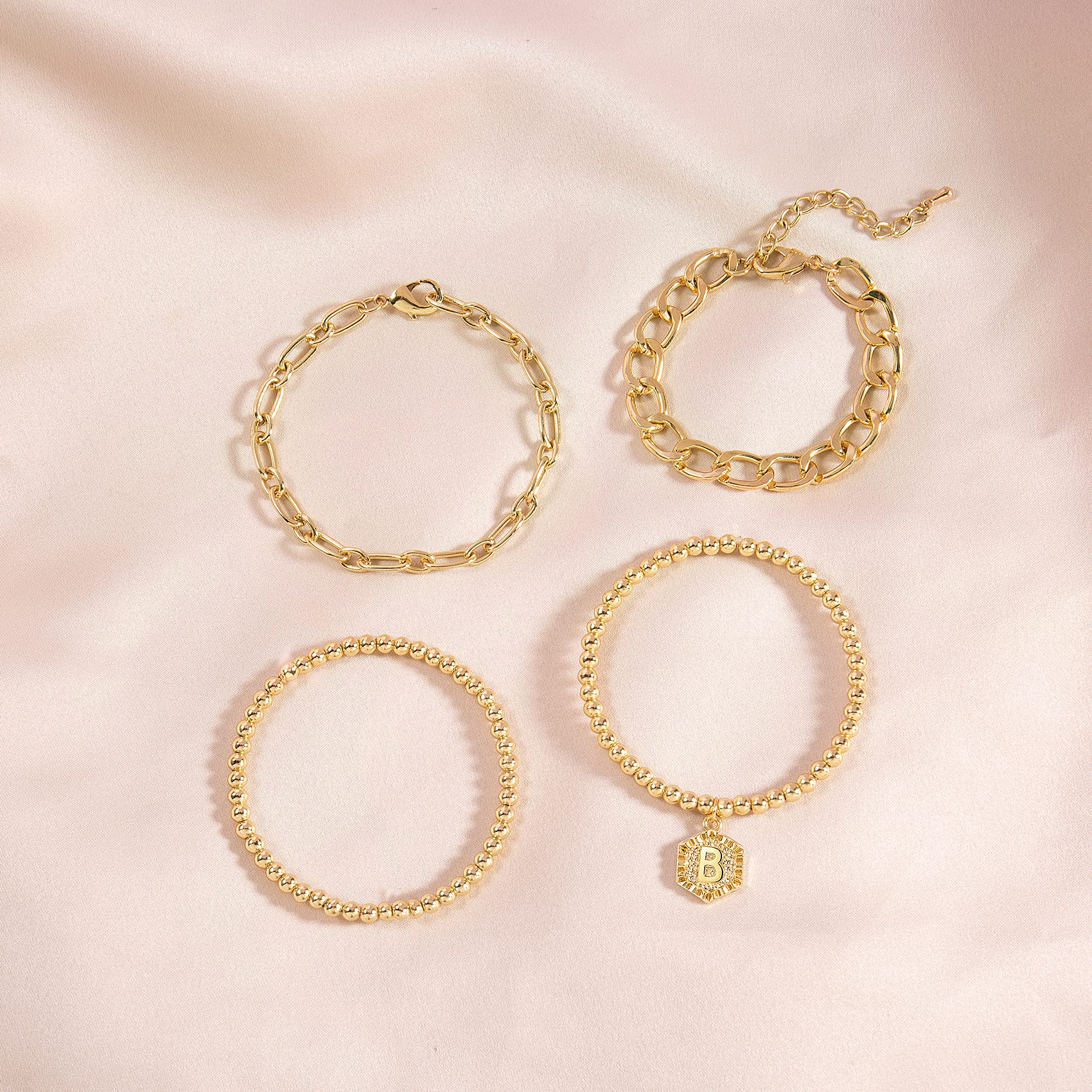 Gold Plated Initial Bracelets for Women - Stackable Beaded Bracelet Set with Layered Gold Chain Bangles | Perfect for Layering, Everyday Wear & Gift Giving