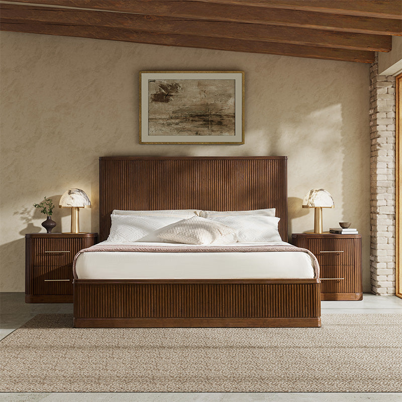 Modern Fluted Solid Wood Bed with Oak Texture – Elegant & Durable Bedroom Furniture for Home Decor | Perfect for Master Bedroom, Guest Room & Apartment