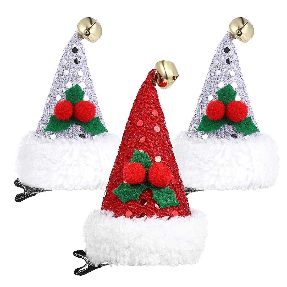 ABOOFAN 3Pcs Santa Hat Hair Clips - Sparkly Sequin Barrettes with Alligator Clips for Women, Girls & Kids | Christmas Party Hair Accessories (Red, Random Patterns) - Perfect for Holiday Photos, Xmas Events & Festive Celebrations