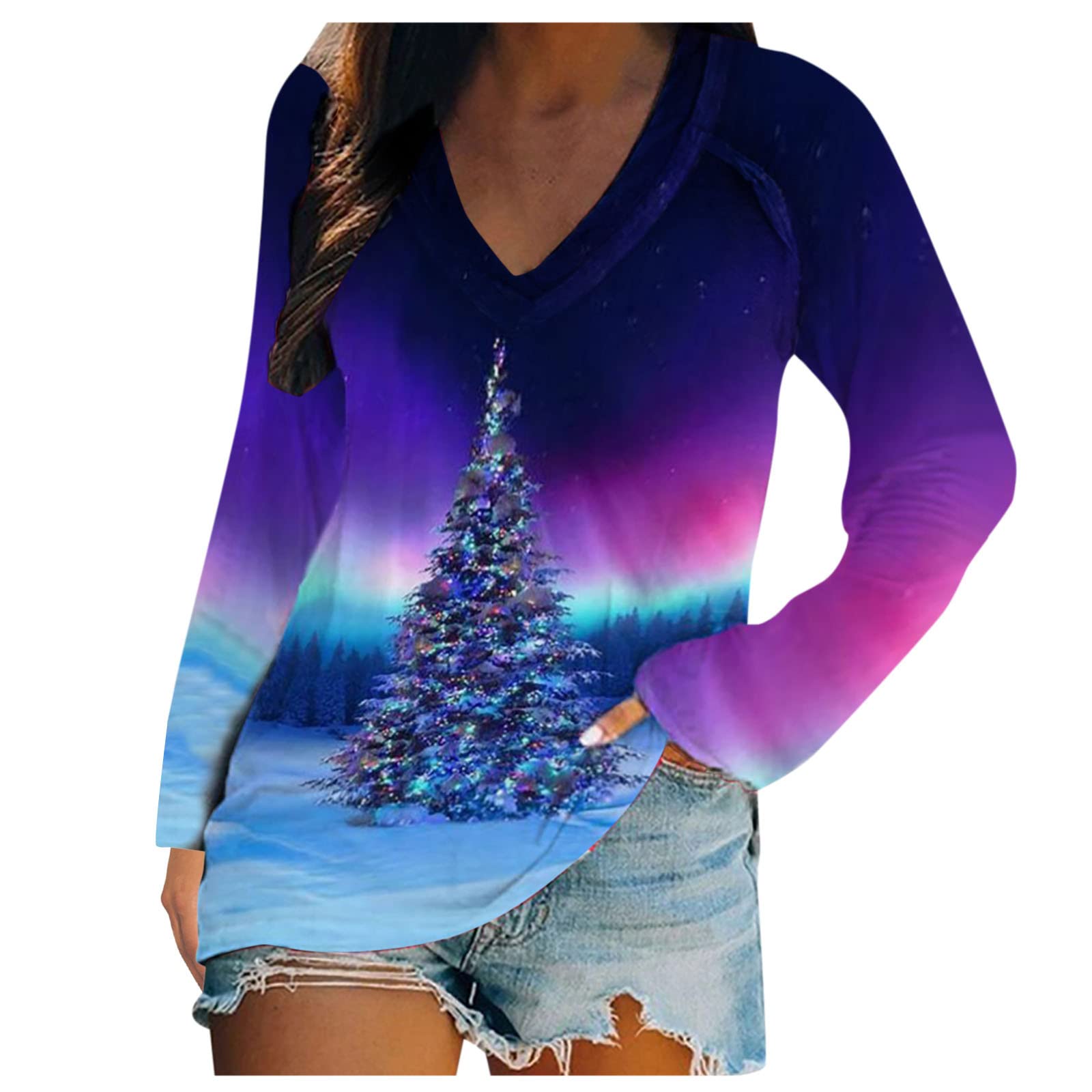 Christmas Printed Women's Sweatshirts - V Neck Long Sleeve Pullover Casual Holiday Blouses & Tunic Tops | Cozy Winter Outfits, Holiday Parties & Family Gatherings