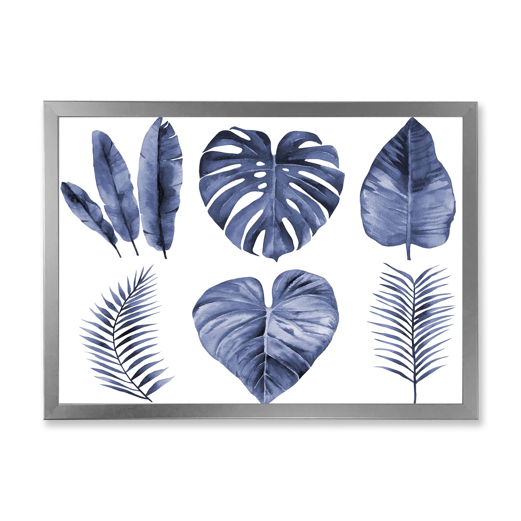 Tropical Blue Watercolor Leaves Framed Wall Art - Farmhouse Decor for Living Room, Bedroom & Office | Handmade Canvas Painting for Home & Gifts