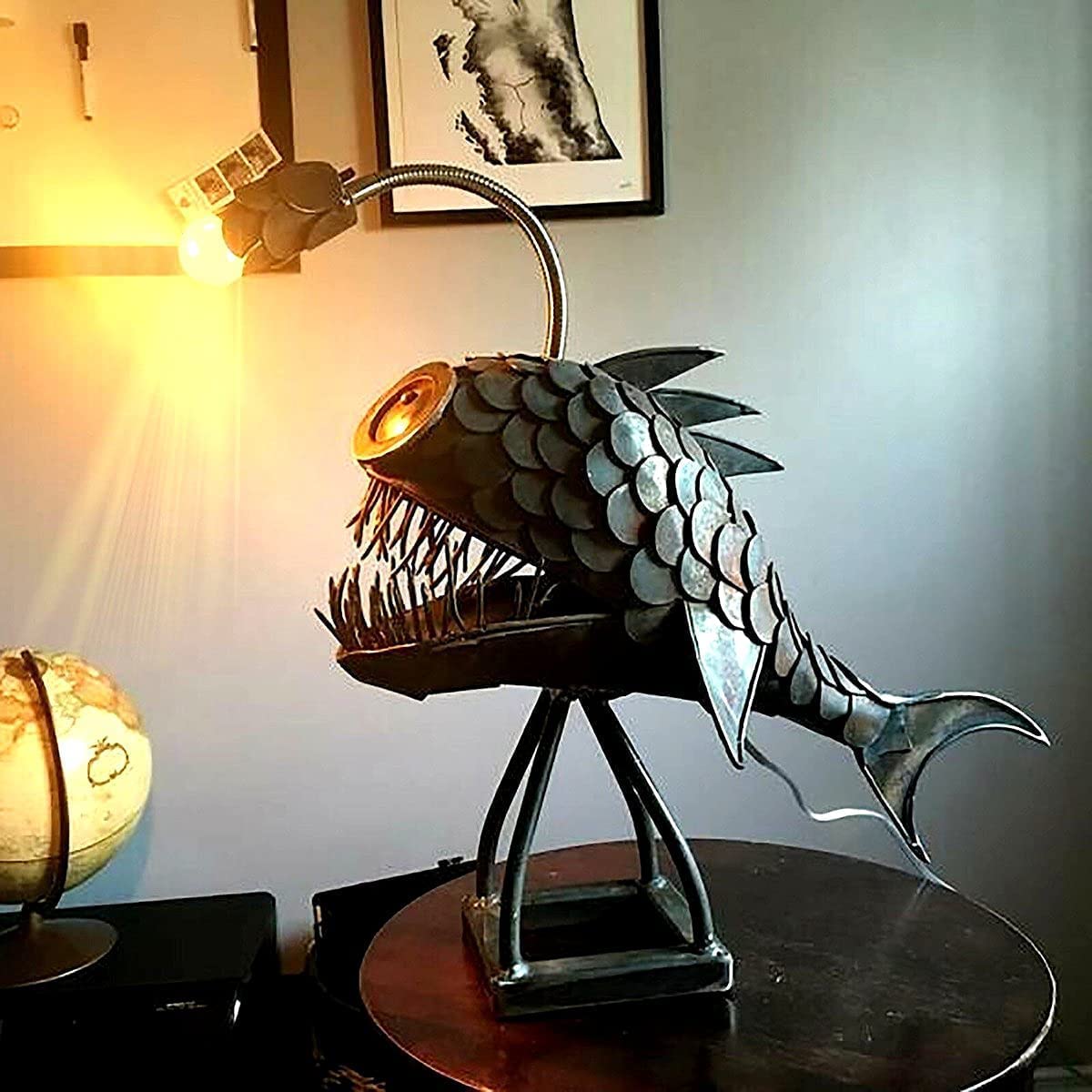 CAFELE Rustic USB Angler Fish Lamp - Steampunk Shark Table Lamp with Realistic Flickering LED Flame, Handmade Industrial Night Light for Bedroom, Office & Reading | Home Decor Gift Idea (Large Size)