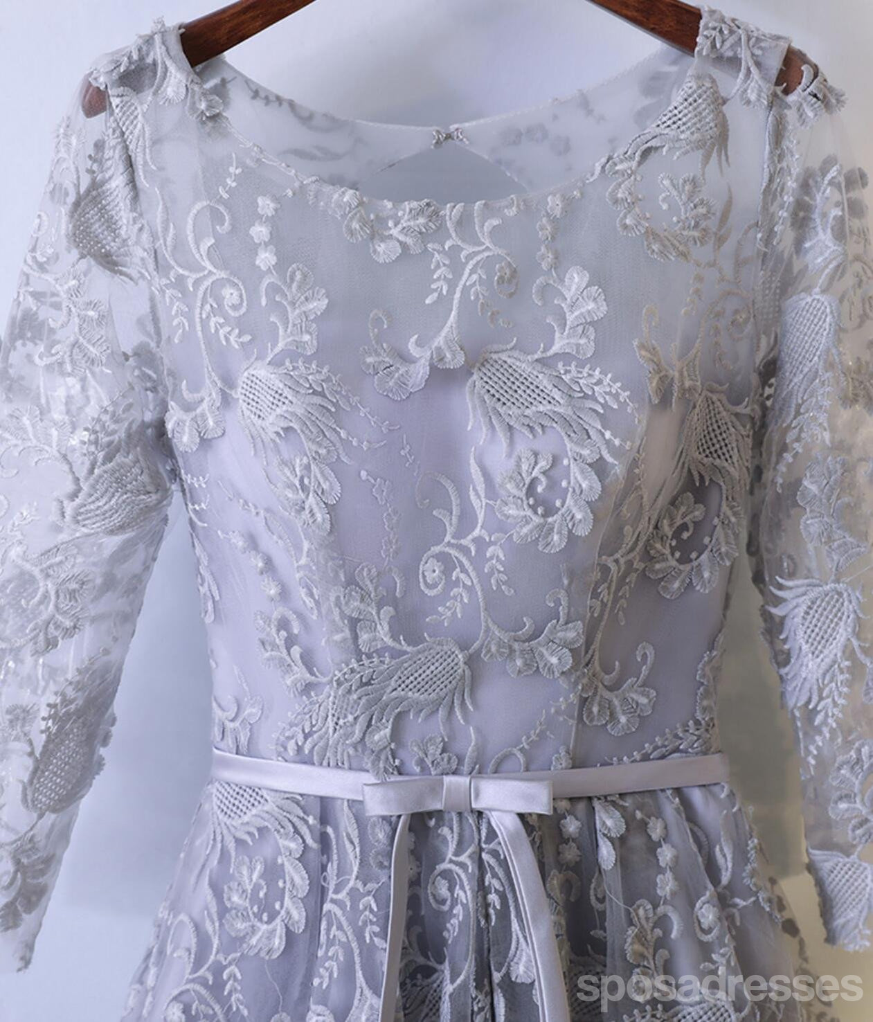 2017 Gray Lace Long Sleeve Round Neck Prom Dress with Corset Back - Affordable Homecoming Party Dress for Women - Perfect for Formal Dances, Weddings & Special Occasions - CM250