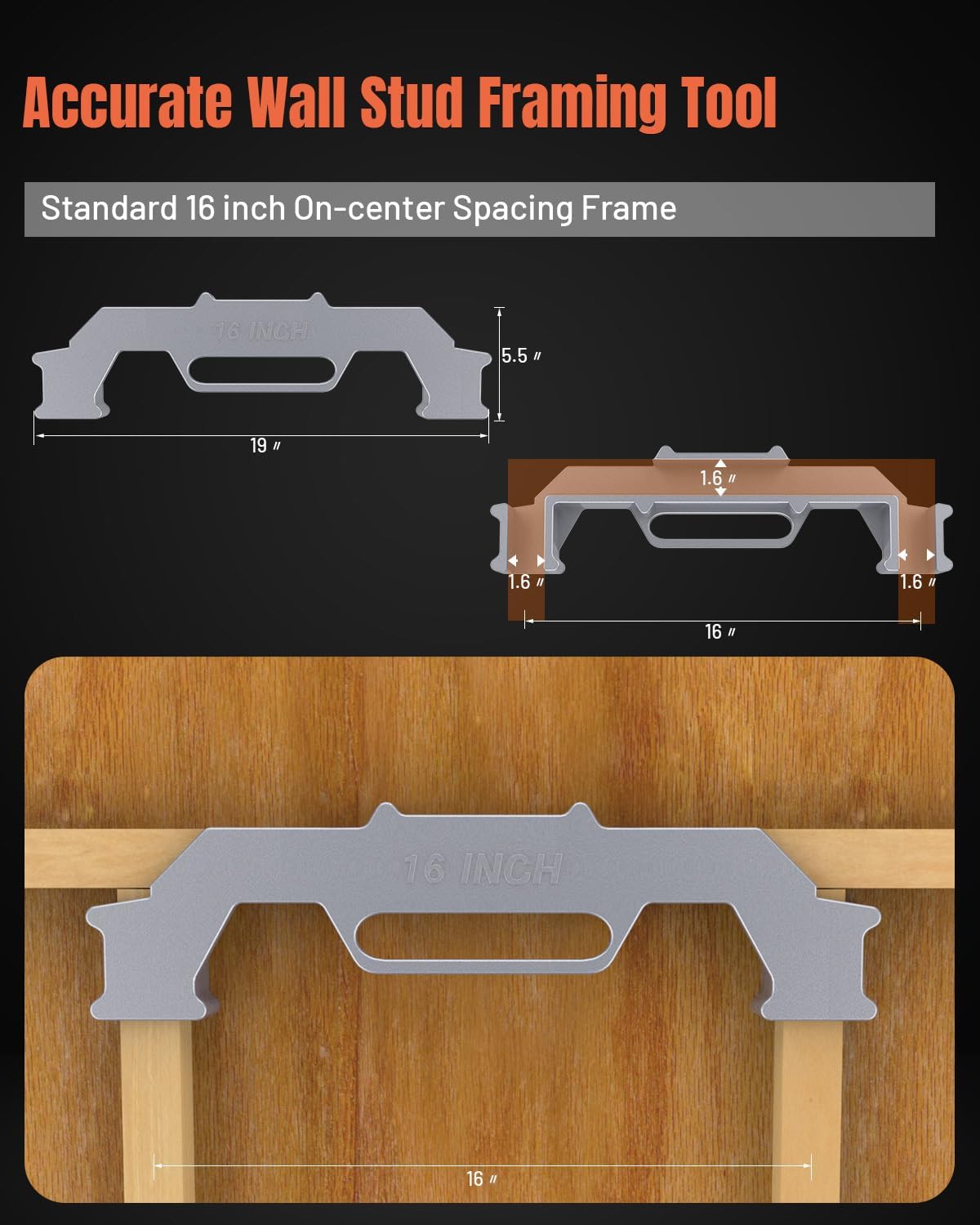 16 Inch Heavy Duty Framing Tool - 100% Cast Aluminum Wall Stud Framing Jig | Precision Measurement Tool for Drywall, Roofing, Flooring & Ladder Construction | Perfect for Professional Carpenters & DIY Home Improvement Projects